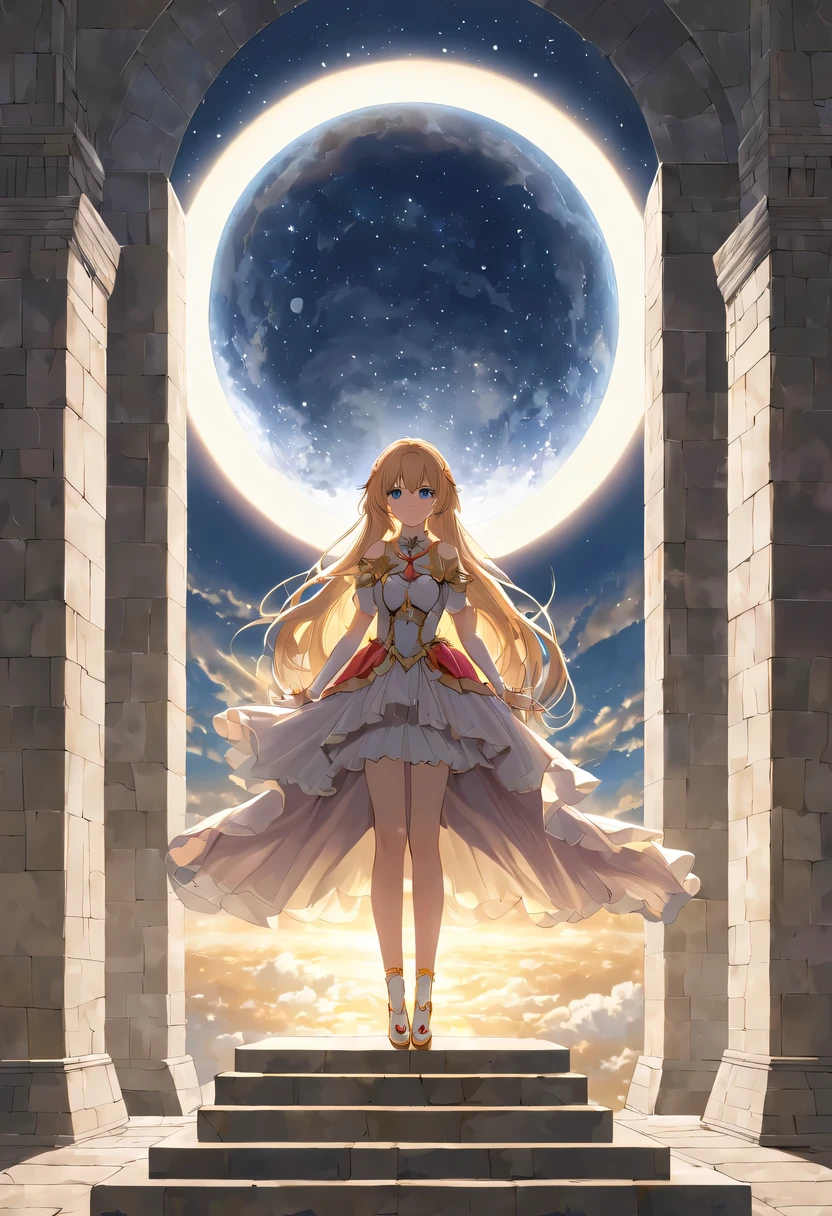 Magical girl stands on top of the altar,Her long hair spreads out in all directions like a flowing spring,dancing gently in the wind,It is as if connected to heaven and earth。She holds the sun, Moon and stars in her hands,Bright light shot from her palms,Reflecting her clear eyes。Her posture is straight,Integrated with the stone pillars on the top of the tower。.。Her face was calm,but full of power,It seems like I can see all the truth in the world。Her skirt flutters in the wind,Elegant as clouds,And the ground beneath her feet seemed to be trembling slightly..,in awe of her strength。sada,She stared at the distant sky,As if looking for something。Her eyes sparkled with determination,It seems that no matter how many difficulties and challenges lie ahead,,,Nothing can shake her firm belief。At the top of this mysterious tower,Magical girl with the sun, Moon and stars,Safeguard the peace and tranquility of the world。her existence,is a symbol of hope,is the source of courage。And her fearless strength,will also be engraved in people's hearts'forever heart。