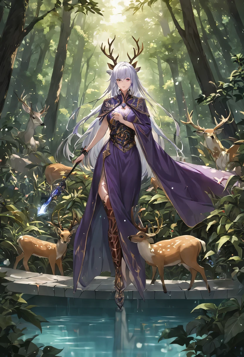 masterpiece,best quality,(Very detailed CG unified 8k wallpaper),(best quality),(Best Illustration),(best shadow),Very detailed pictures,entire character,photorealism,Surrealism,Girls casters,blonde,dark casters,Beautiful young conjurer wearing purple robe,Girl with purple eyes,beautiful figure painting,girl holding magic wand,It is decorated with unique carvings and precious stones, Represents the power and skill of the witch,Guwitz,Guwitz-style artwork,White-haired God,Yang Jian,Epic and beautiful character art,Stunning character art,Fan Qi,Wu Zhun Shifan,Guwitz on pixiv art site,Glowing Elves,There is a glowing deer,drink water in swimming pool,森林主题中的natural elements。mysterious forest,Beautiful forest,Great outdoor activities,Surrounded by flowers,精致的树叶和branch被firefly包围(natural elements),(jungle theme),(leaf),(branch),(firefly),(particle effect)and other 3D, octane rendering,Ray tracing,super detailed