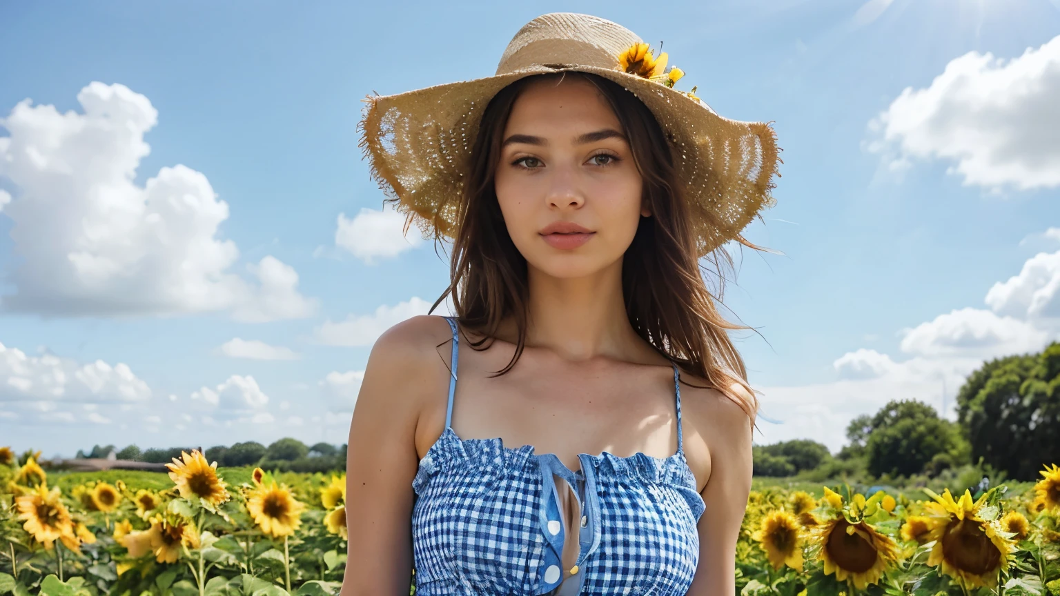 Create an RPG-style scene of a beautiful, realistic, high-resolution arafed woman in a blue dress standing in front of a sunflower garden, sundress, sky - blue dress, portrait sophie mudd, light blue dress portrait, cute checkerboard sundress, summer dress, anna nikonova, blue checkerboard dress, gorgeous woman, portrait emily ratajkowski, wearing sundress, sun drenched, julia sarda uma plantçao de gira sol deitada no campo de gira sol