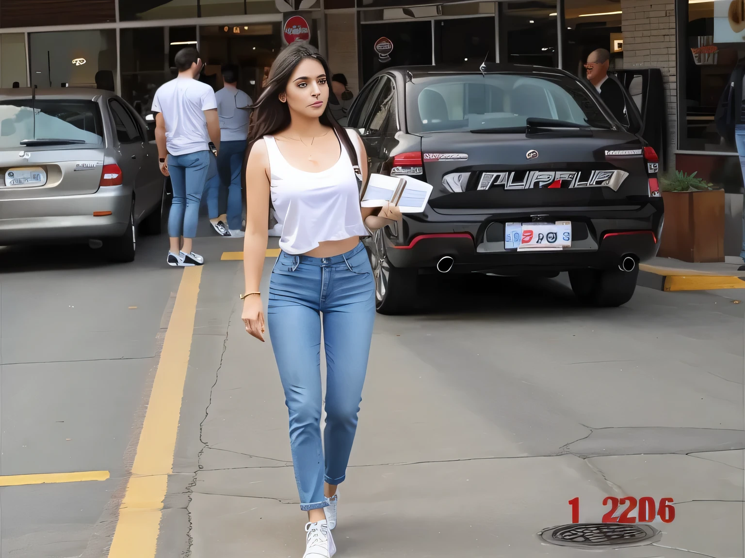 mulher andando na frente de um carro em um estacionamento, parou em um estacionamento, foto de corpo inteiro, parado na rua, wearing a white t-shirt and jeans, em um shopping center. Uma mulher com pele branca bronzeada e cabelos escuros. ela tem cerca de 35 anos. high resolution, alta qualidade, obra de arte, 8k.