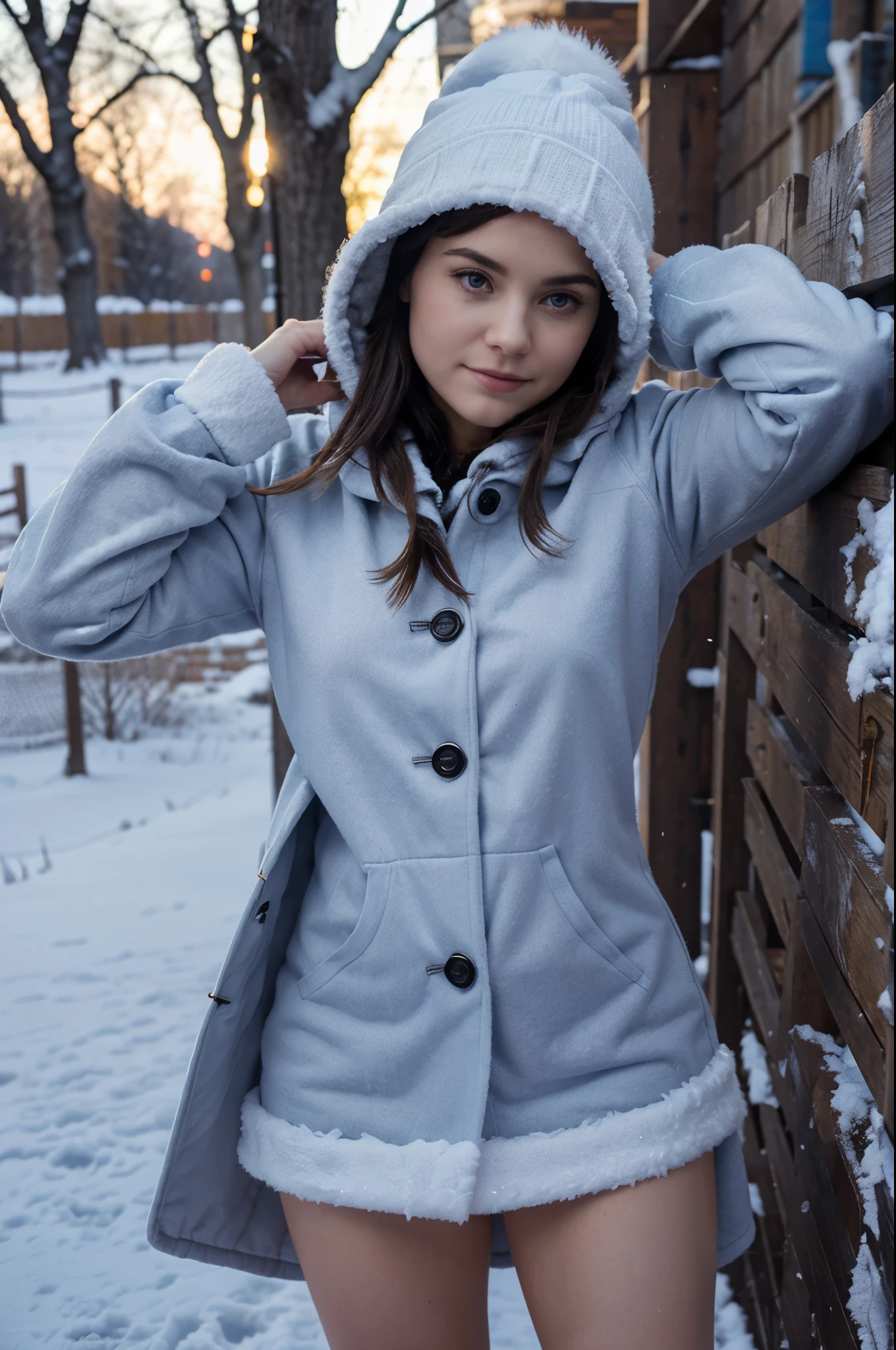 Once upon a time in the cold winter time, (:2.0) frozen pussy to the fence