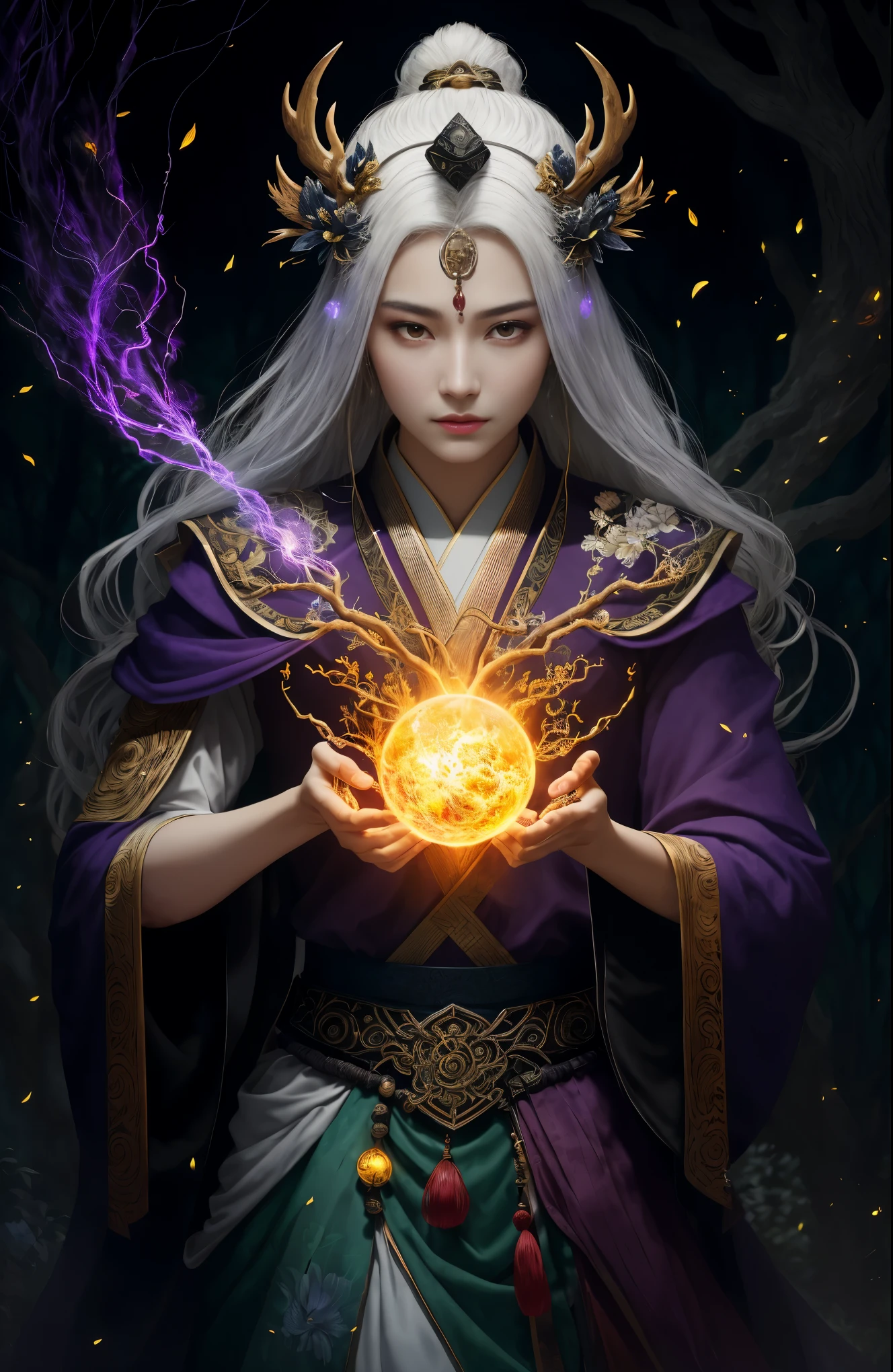 masterpiece，best quality，（Very detailed CG unified 8k wallpaper），（best quality），（best illustrations），（best shadow），Very detailed pictures，entire character，photorealism，Surrealism，Girls casters，blonde，dark casters，Beautiful young spellcastegures in purple robes，Girl with purple eyes，beautiful figure painting，Girl holding a magic wand，It is decorated with unique carvings and precious stones, Represents the power and skill of the witch,Gurwitz，Gurwitz-style artwork，White-haired God，Yang Jian，Epic and beautiful character art，Stunning character art，Fan Qi，Wu Zhun Shifan，Gurwitz on pixiv art site，Glowing Elves，There is a glowing deer，drink water in swimming pool，森林主题中的natural elements。mysterious forest，Beautiful forest，Great outdoor activities，surrounded by flower，精致的树叶和branches被firefly包围（natural elements），（jungle theme），（leaf），（branches），（firefly），（particle effects）and other 3D， octane rendering，Ray tracing，super detailed