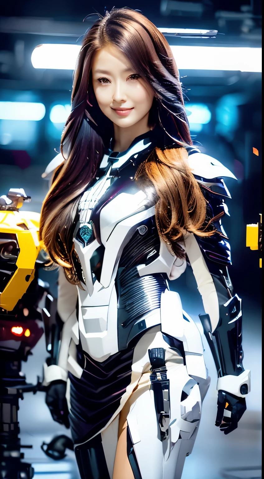 photo fullbody, sit down, Highest image quality, outstanding detail, ultra-high resolution, (fidelity: 1.4), best illustration, favor details, highly condensed 1girl very long hair brown very silky, with a delicate and beautiful face, dressed in black and purple mecha, wearing a mecha helmet future, holding a direction controller, riding on a drone , the background is a high-tech lighting scene of the future city.cinematc, dramatic.beutiful boot. Photo realistic.skirt. wearing armor metal.