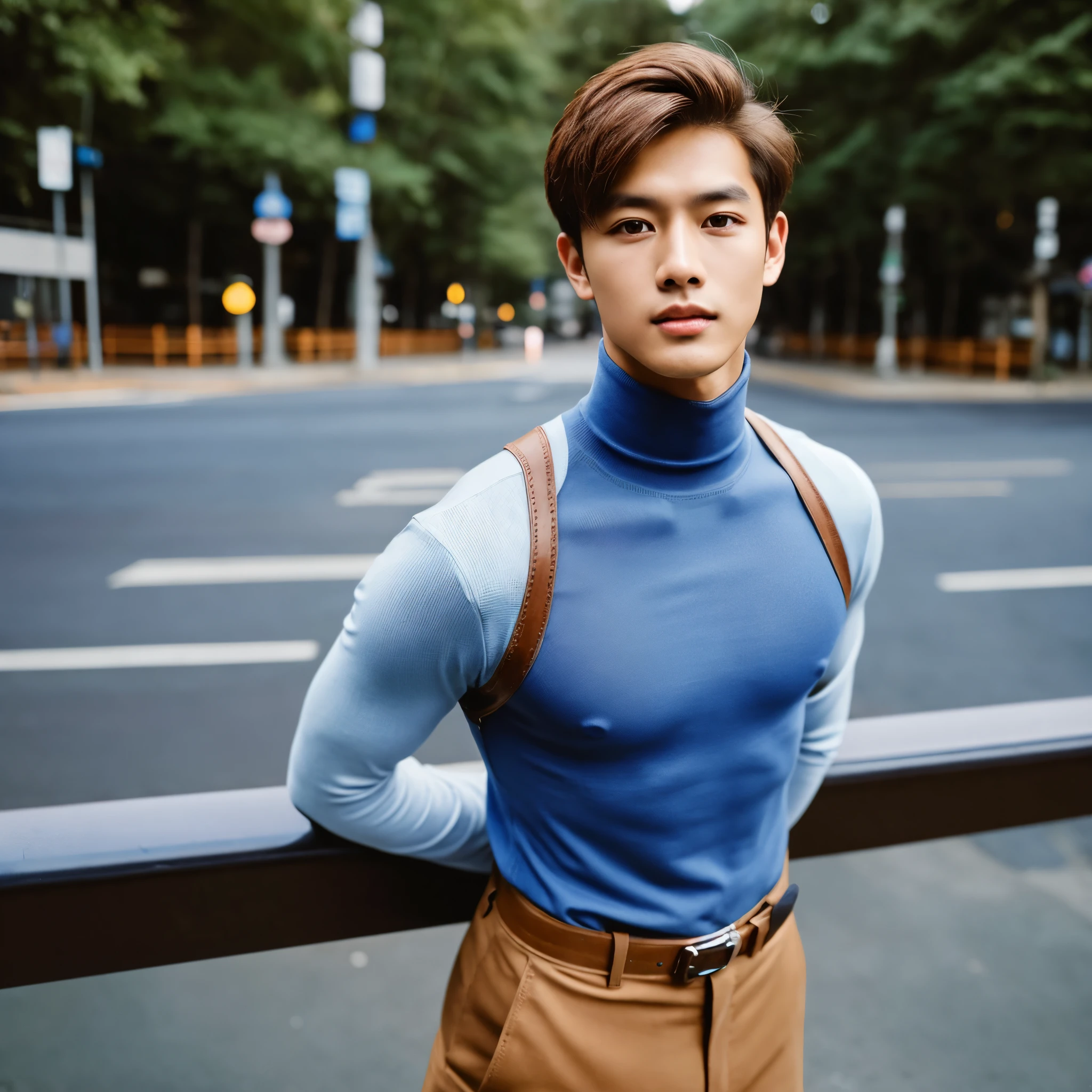 A 21 years indo-thai boy wearing turtleneck paster blue color, beigh chinos,brown boots, korean style pendent and braclet, slim, mascular, chestnut brown color wolfcut hairstyle,blue hunter eyes, sharp jawline,baby pink lips, at street standing,ultrarealistic,photoshoot