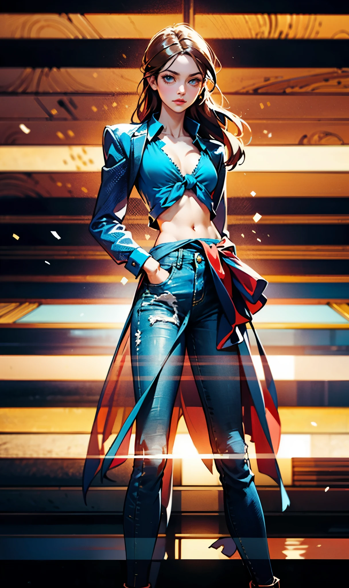 A woman with light brown long hair, a delicate face, a blank look in her eyes, a slender and firm dancer's figure, a fantasy-realistic style outfit, she ties a French shirt at her chest, revealing her graceful waistline, she wears tight jeans on her lower body, a flowing skirt is gracefully tied around her waist, she walks leisurely in a fantasy-style town, this character embodies a finely crafted fantasy-realistic style female dancer in anime style, exquisite and mature manga art style, beautiful woman, high definition, best quality, highres, ultra-detailed, ultra-fine painting, extremely delicate, professional, anatomically correct, symmetrical face, extremely detailed eyes and face, high quality eyes, creativity, RAW photo, UHD, 8k, Natural light, cinematic lighting, masterpiece-anatomy-perfect, masterpiece:1.5