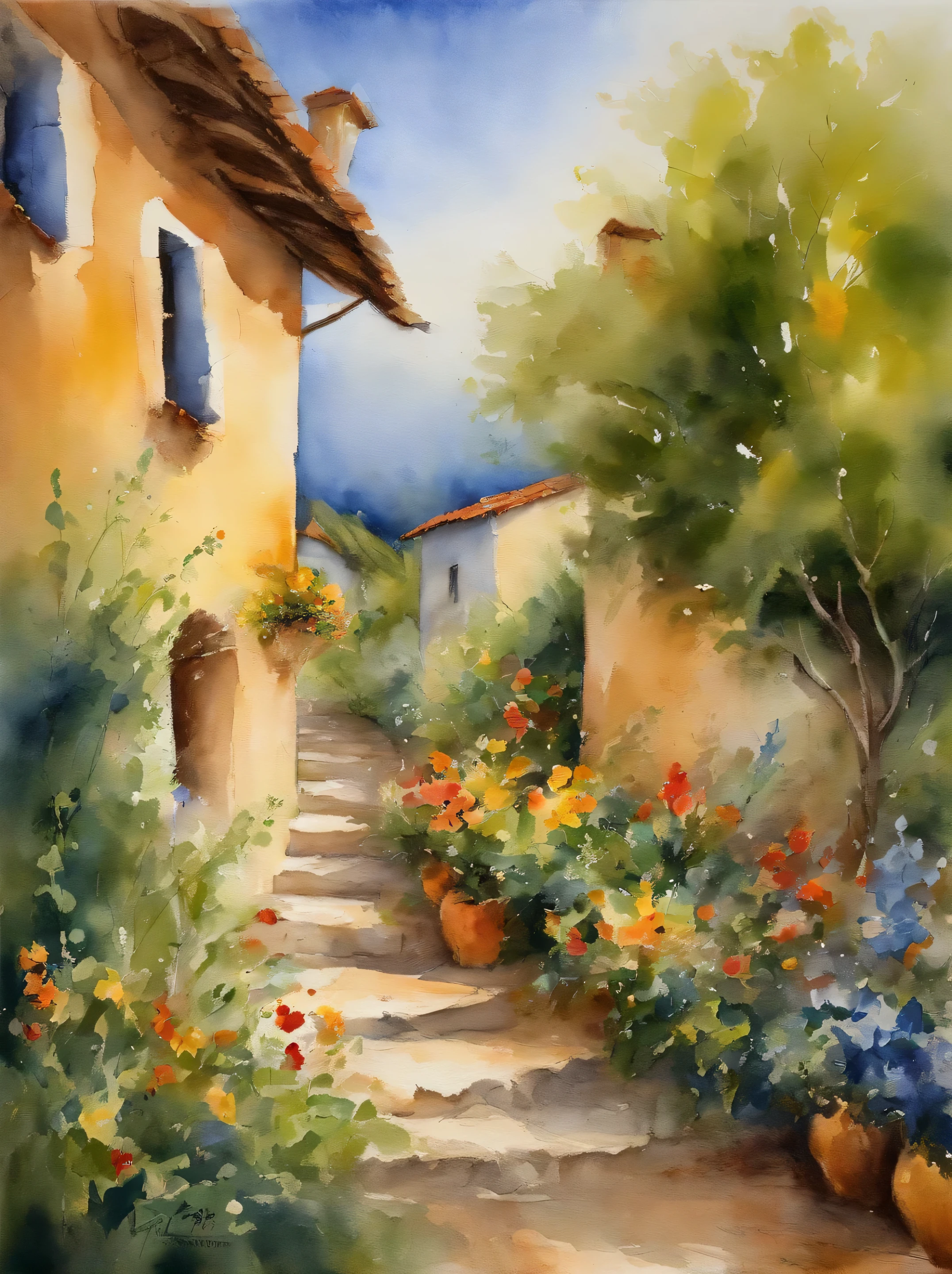 Witch 100% Reverse Watercolor These are vibrant watercolors depicting a rural or rural scene. The artwork is characterized by its flexibility, relaxed, Bright brush strokes, Expressive colours. in the foreground, هناك Totalة غنية من الزهور ذات بتلات وردية وحمراء, Interspersed with green foliage, Which adds a sense of depth and liveliness to the scene.The middle plot shows a path or road leading to a pair of houses. The houses feature orange roofs and light-colored walls, Maybe white or yellow, With blue shutters, Which suggests a warm and sunny environment. The path seems to be bathed in sunlight, As indicated by the warm yellow undertones.In the background, There are hints of trees and perhaps a hill or mountain, Painted in cool blue and green colors, This contrasts with the warmth of the rest of the painting. The sky is suggested by washes of blue and white, Which gives the impression of a clear day with some clouds.Total, The painting evokes a feeling of peace