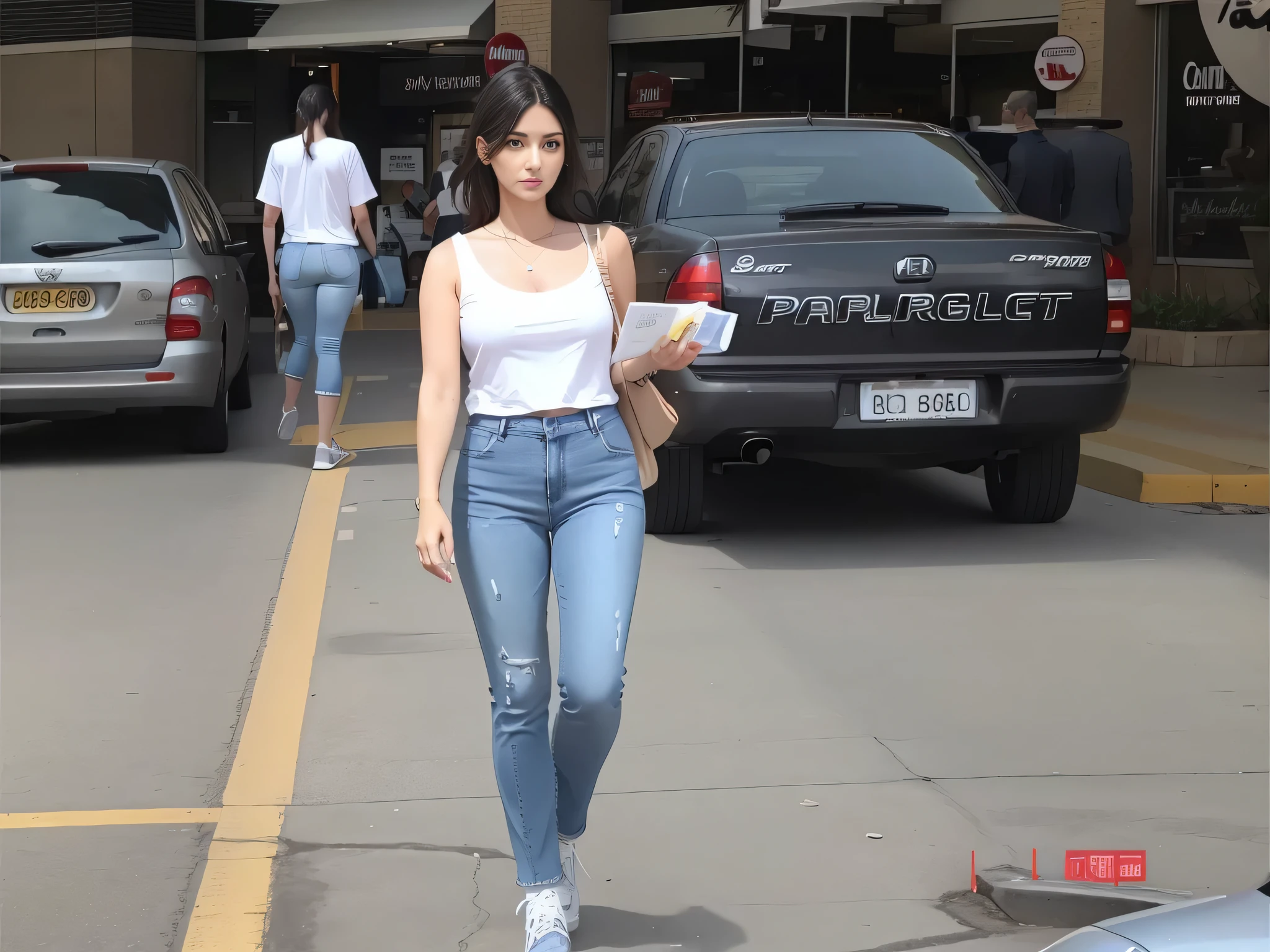 mulher andando na frente de um carro em um estacionamento, parou em um estacionamento, foto de corpo inteiro, parado na rua, wearing a white t-shirt and jeans, em um shopping center. Uma mulher com pele branca bronzeada e cabelos escuros. ela tem cerca de 35 anos. high resolution, alta qualidade, obra de arte, 8k.