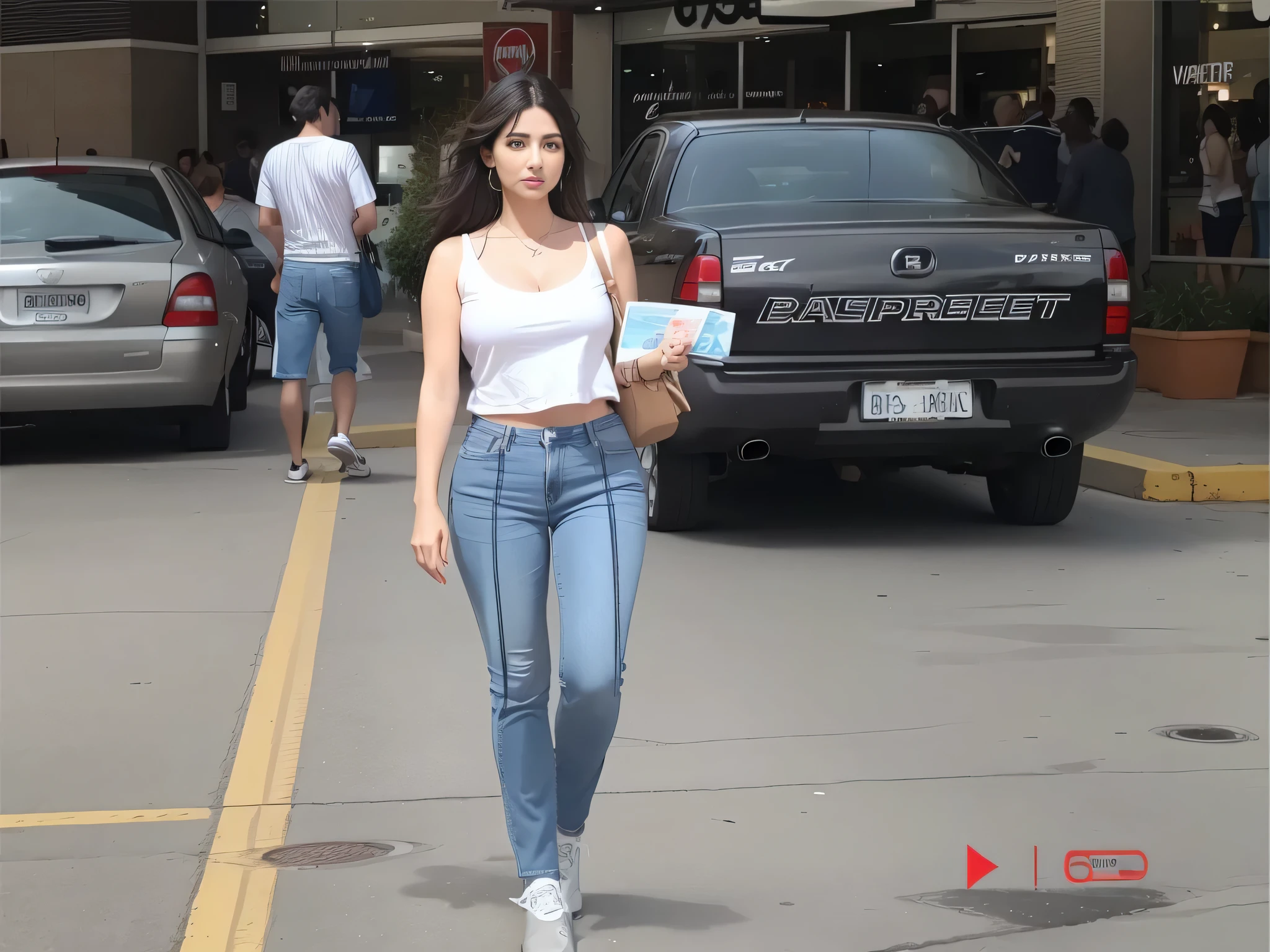 mulher andando na frente de um carro em um estacionamento, parou em um estacionamento, foto de corpo inteiro, parado na rua, wearing a white t-shirt and jeans, em um shopping center. Uma mulher com pele branca bronzeada e cabelos escuros. ela tem cerca de 35 anos. high resolution, alta qualidade, obra de arte, 8k.