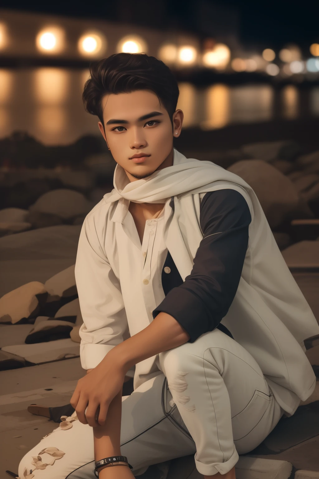 RAW photo, a portrait photo of 21 y.o man in casual clothes, night, city street, (high detailed skin:1.2), 8k uhd, dslr, soft lighting, high quality, film grain, Fujifilm XT3