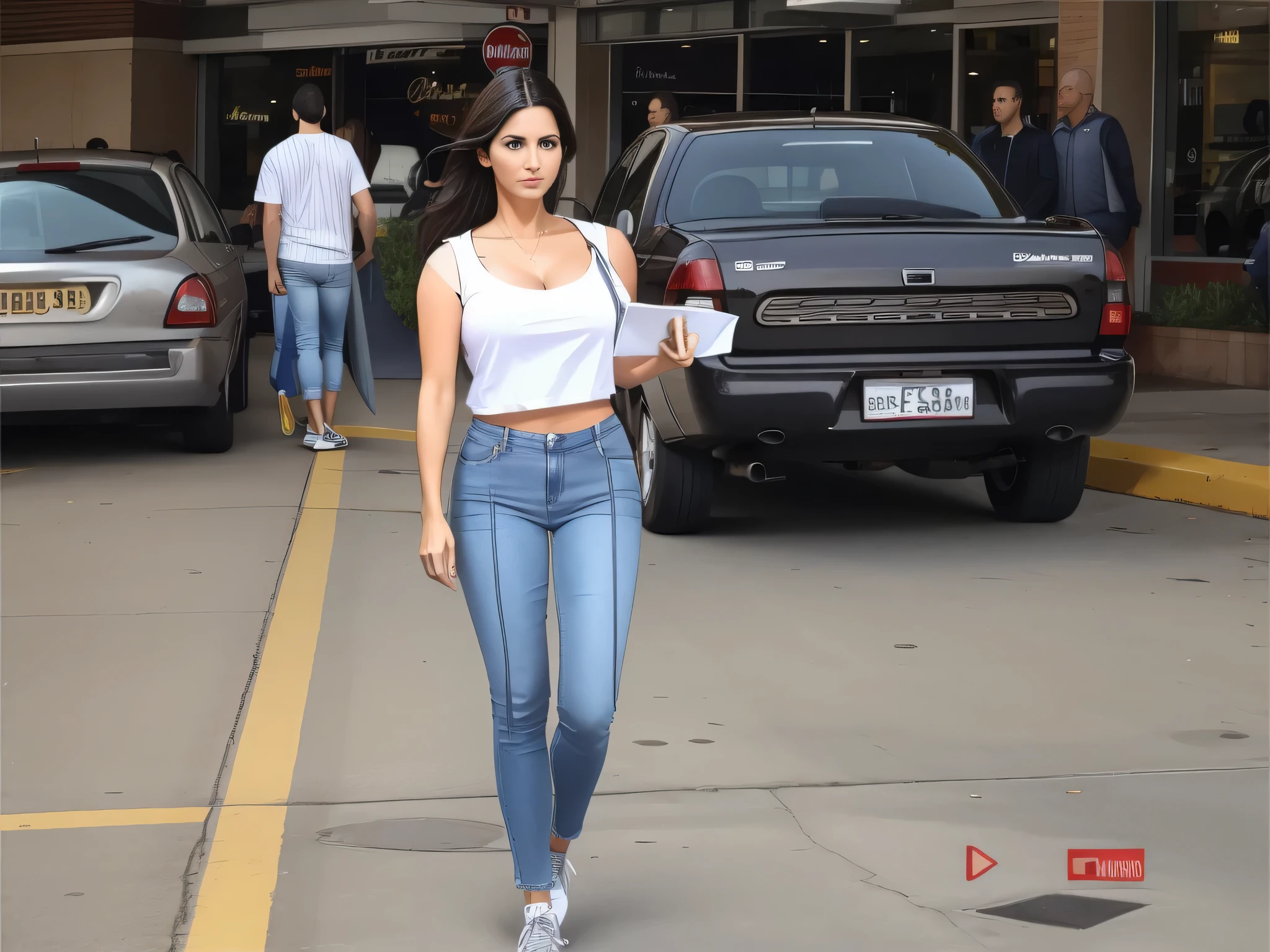mulher andando na frente de um carro em um estacionamento, parou em um estacionamento, foto de corpo inteiro, parado na rua, wearing a white t-shirt and jeans, em um shopping center. Uma mulher com pele branca bronzeada e cabelos escuros. ela tem cerca de 35 anos. high resolution, alta qualidade, obra de arte, 8k.