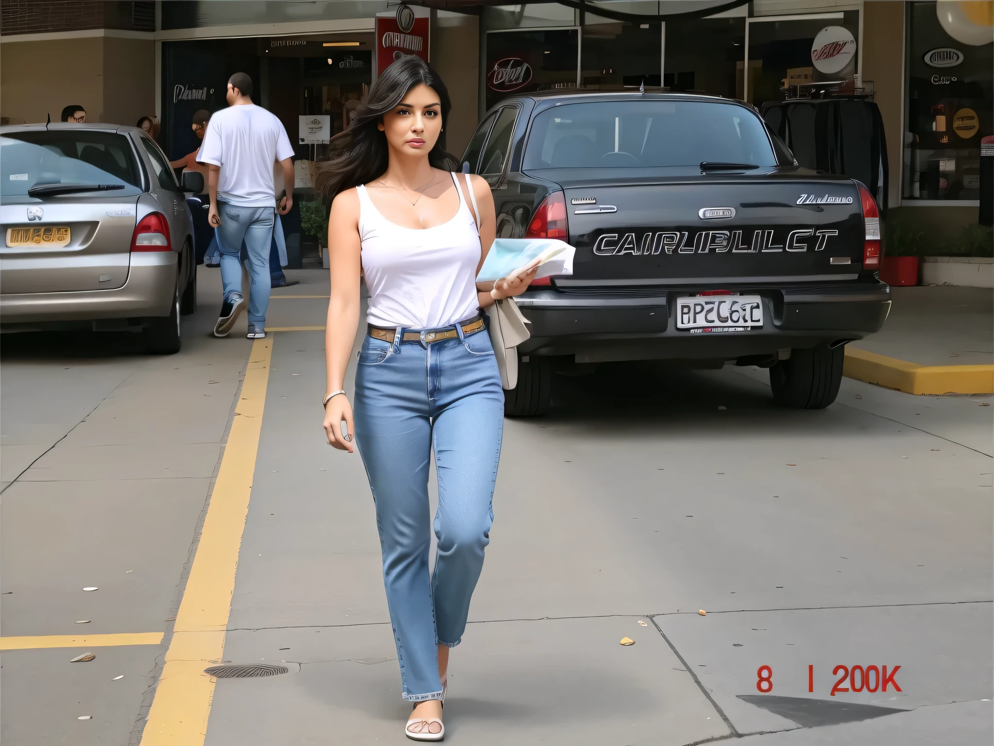mulher andando na frente de um carro em um estacionamento, parou em um estacionamento, foto de corpo inteiro, parado na rua, wearing a white t-shirt and jeans, em um shopping center. Uma mulher com pele branca bronzeada e cabelos escuros. ela tem cerca de 35 anos. high resolution, alta qualidade, obra de arte, 8k.