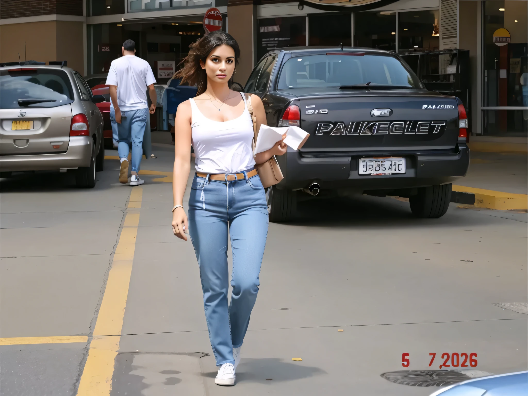mulher andando na frente de um carro em um estacionamento, parou em um estacionamento, foto de corpo inteiro, parado na rua, wearing a white t-shirt and jeans, em um shopping center. Uma mulher com pele branca bronzeada e cabelos escuros. ela tem cerca de 35 anos. high resolution, alta qualidade, obra de arte, 8k.