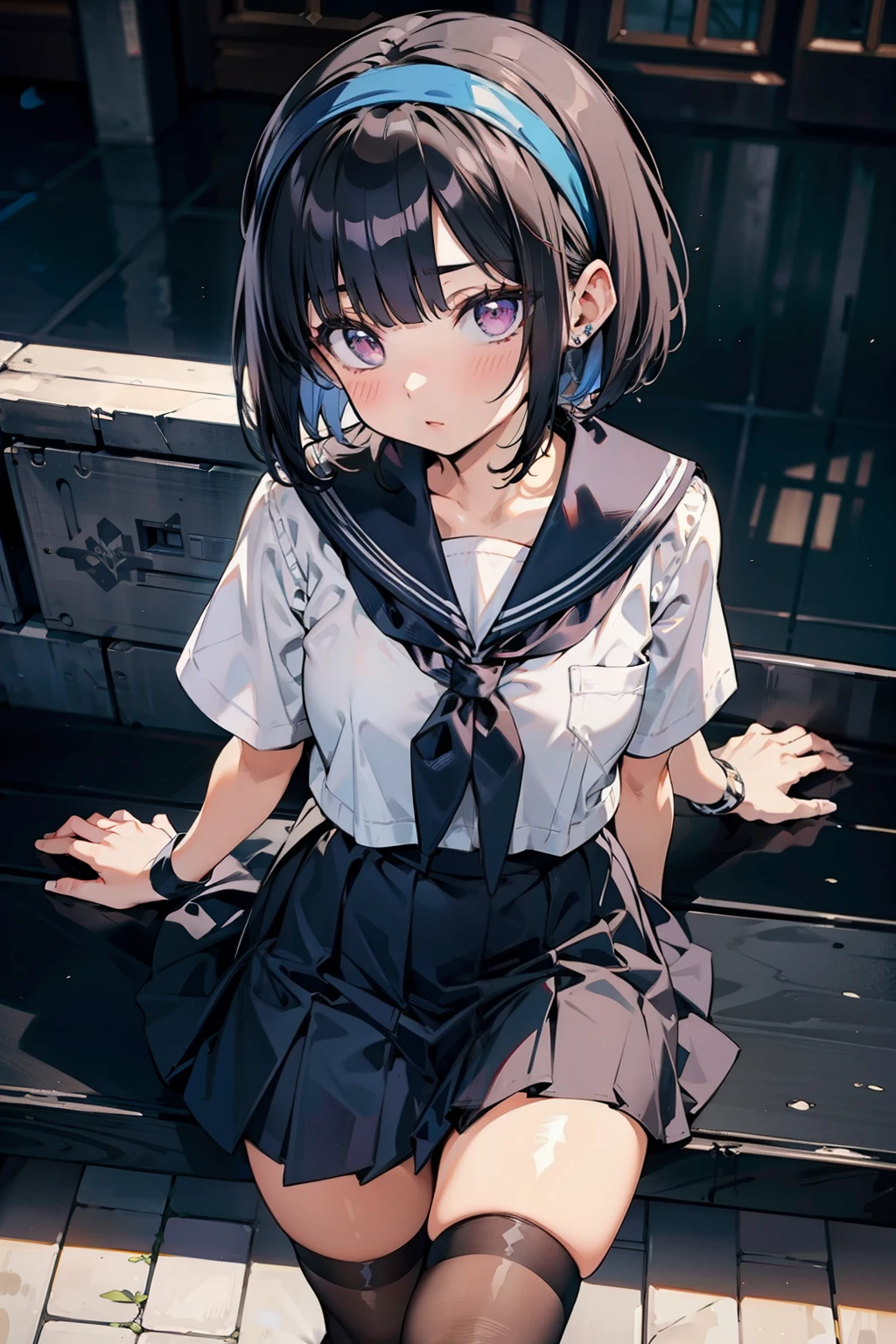 body 8 times longer than head, (Highly detailed CG unity 8k), (highest quality)，(very detailed)，(ultra high resolution), black hair, High school girl wearing a navy sailor suit, Anime 2D rendering, realistic young anime high school girl, ((White headband)), purple eyes, small breasts, tall, slanted eyes, (school scenery), black stockings, bright color, open your mouth, Dark blue skirt, bob cut, position looking down from above,  tripping on the right foot, lean forward, 