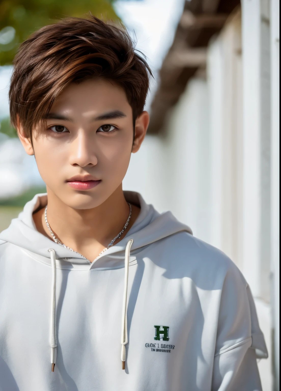 A 21 year indo-thai boy wearing baggy white cargo pant and oversized hoodie having pendent and braclet,hunter eyes,chestnut brown hair,sharp jawline, wolfcut haircut,ultrarealistic,photoshoot