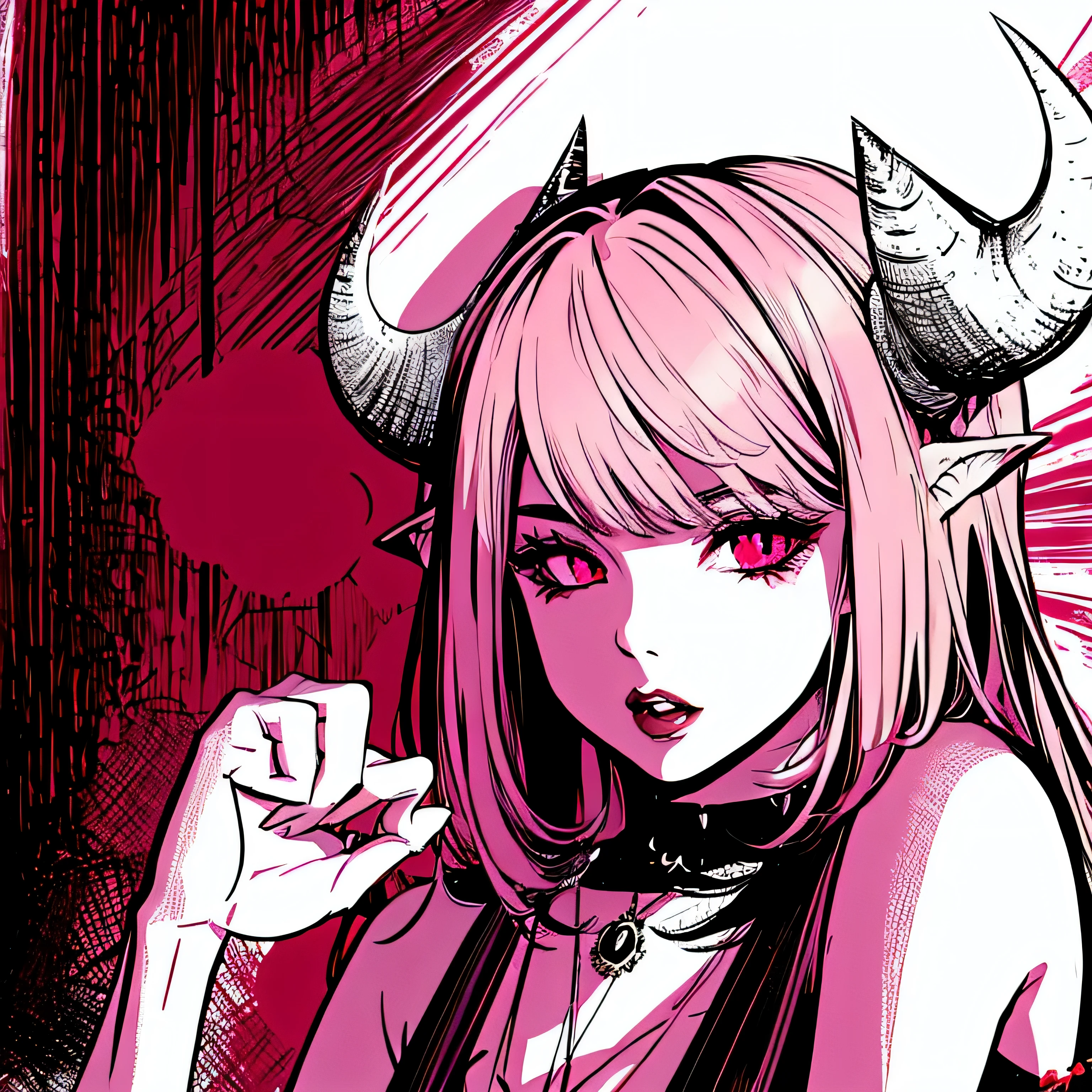 make a horror phonk portrait of a devil horned girl in rose colors