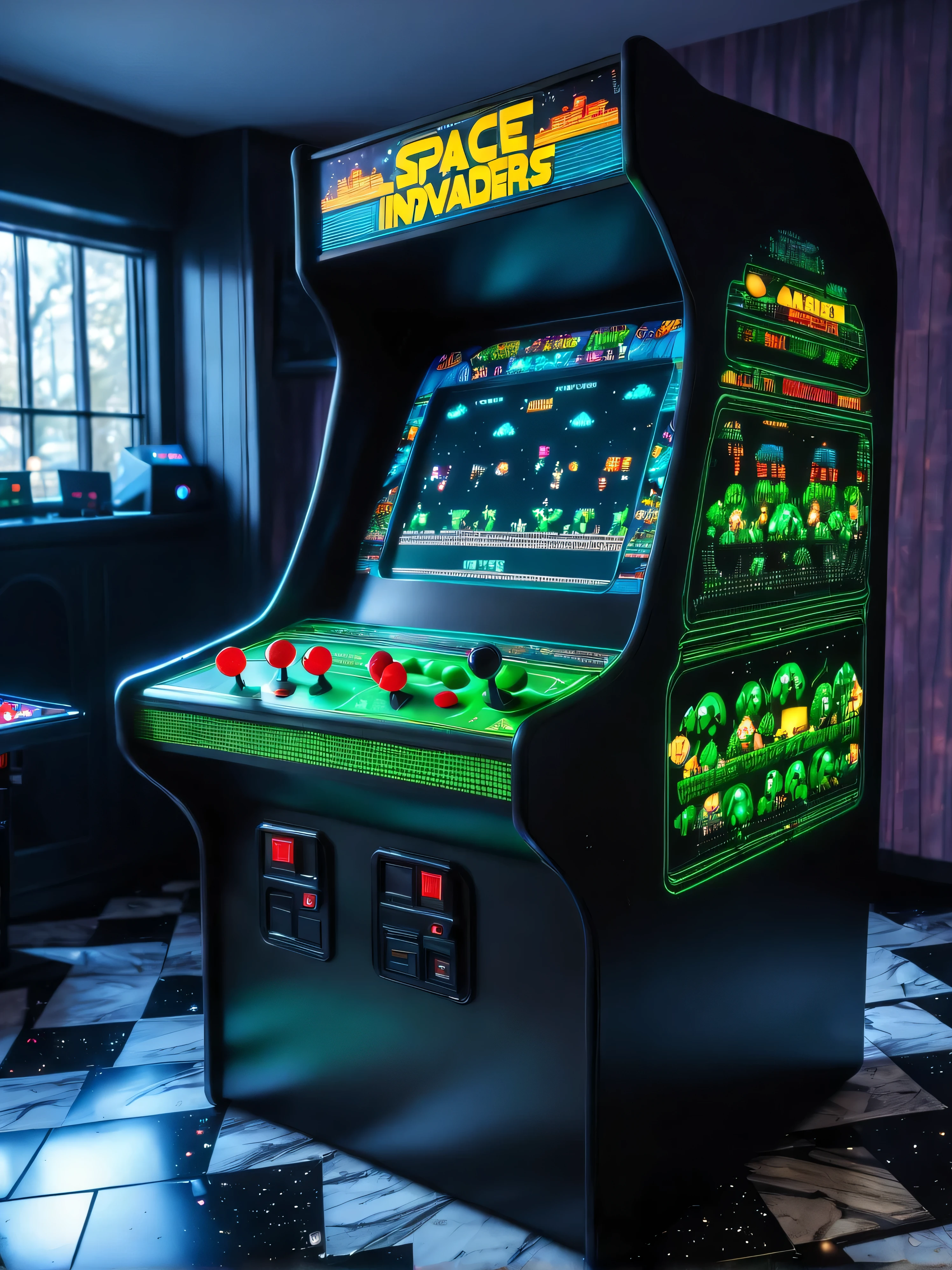 (masterpiece, best quality:1.2), a 1979 retro "SPACE INVADERS" arcade, perfectly restored to it's original condition, black cabinet with (pixelated (outlines of aliens:1.1)), (black CRT screen (hyperrealistic)), fully functional with perfect (cabinet, white/green, alien decals:1.1), black lit CRT screen showing horizontal rows of pixelated aliens, sitting on a chequered ((marble floor)), soft coloured spotlights illuminating the cabinet highlighting all it's retro classic 8bit nostalgic beauty, (dark arcade game room), dramatic atmosphere, perfect composition, ultrahigh detail, UHD, 8k wallpaper, octane render