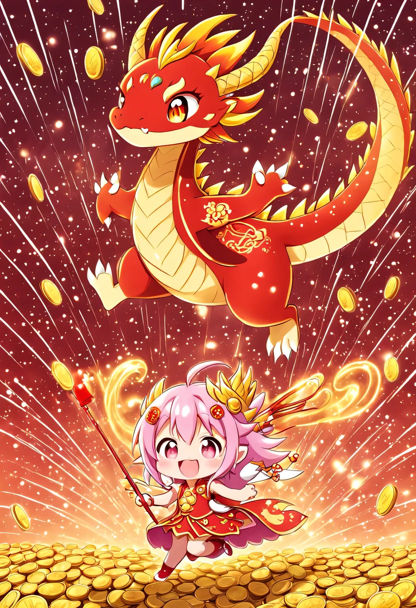 Magical girl，Chinese little dragon，cartoon，Cute and cute，CNY，Gold coin rain，Firecracker rework，