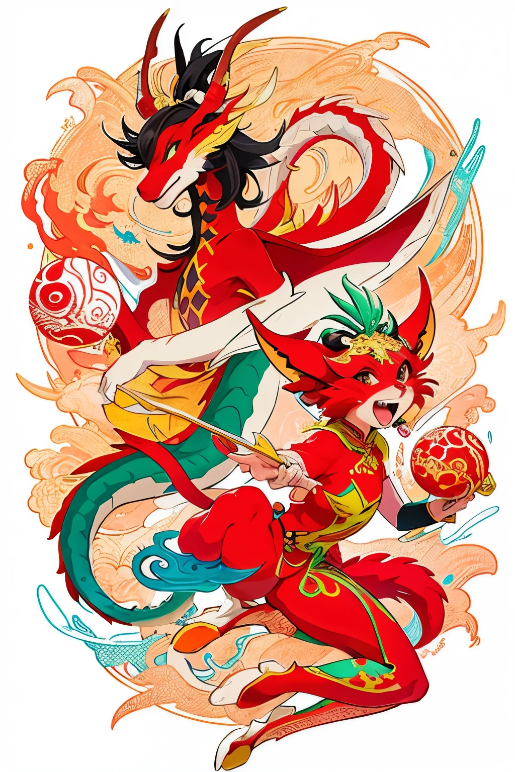 A vibrant sheet of Chinese art featuring a cute red dragon with intricately designed orange dragon horns, celebrating the joyous Chinese Spring Festival. The dragons display lively y movements and expressions, adding charisma to various poses. The full bodies of these playful dragons are set against a clean white background.
Doodled in the simplistic yet iconic style of Keith Haring, this Sharpie illustration boasts bold lines and solid colors, creating a minimalist yet visually captivating piece. Despite the absence of wings as per your request, these dragons radiate energy and charm in every stroke. --n--
No need for wings, the Chinese dragons come to