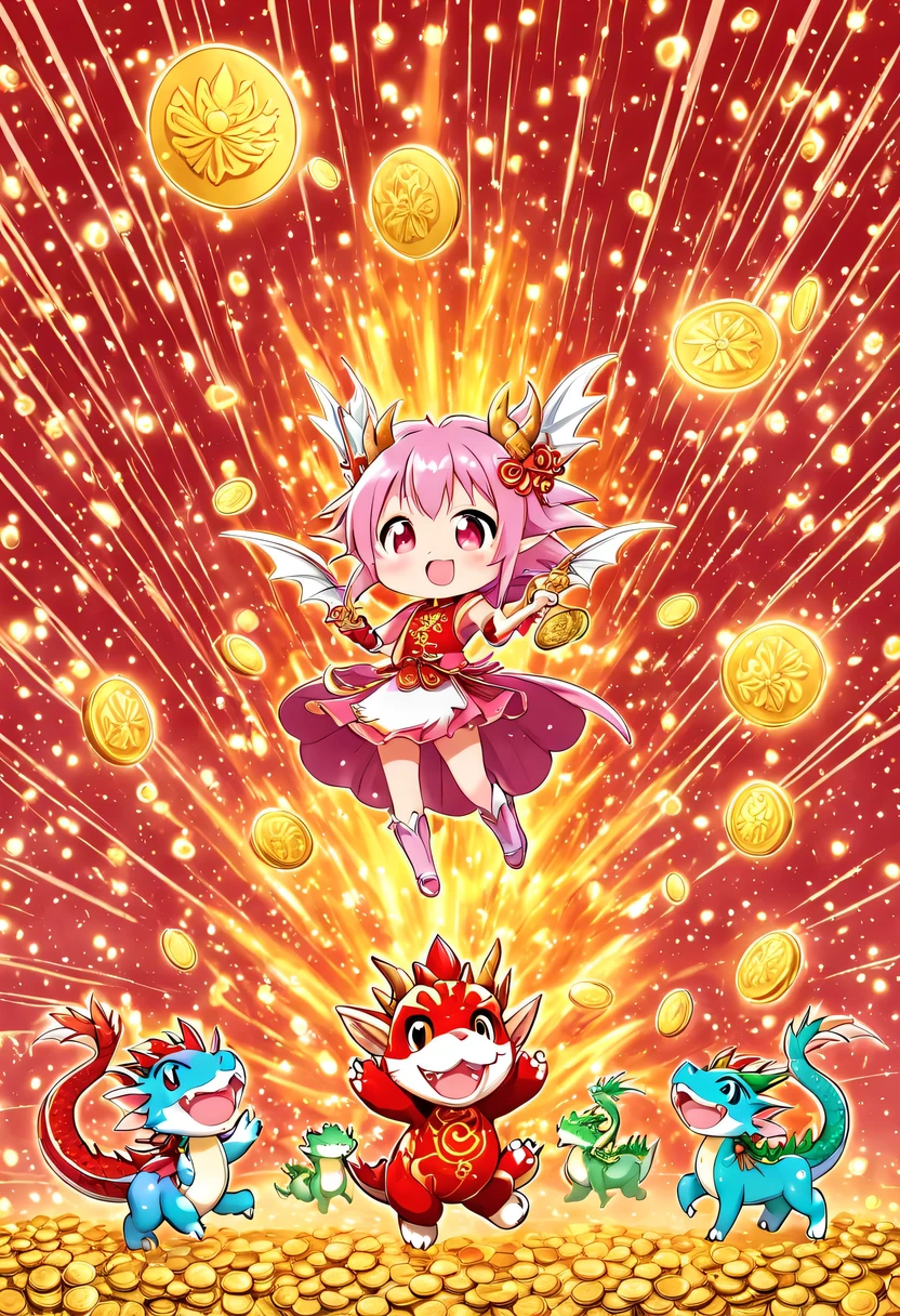 Magical girl,Chinese little dragon,cartoon,Cute and cute,CNY,Gold coin rain,Firecracker rework,