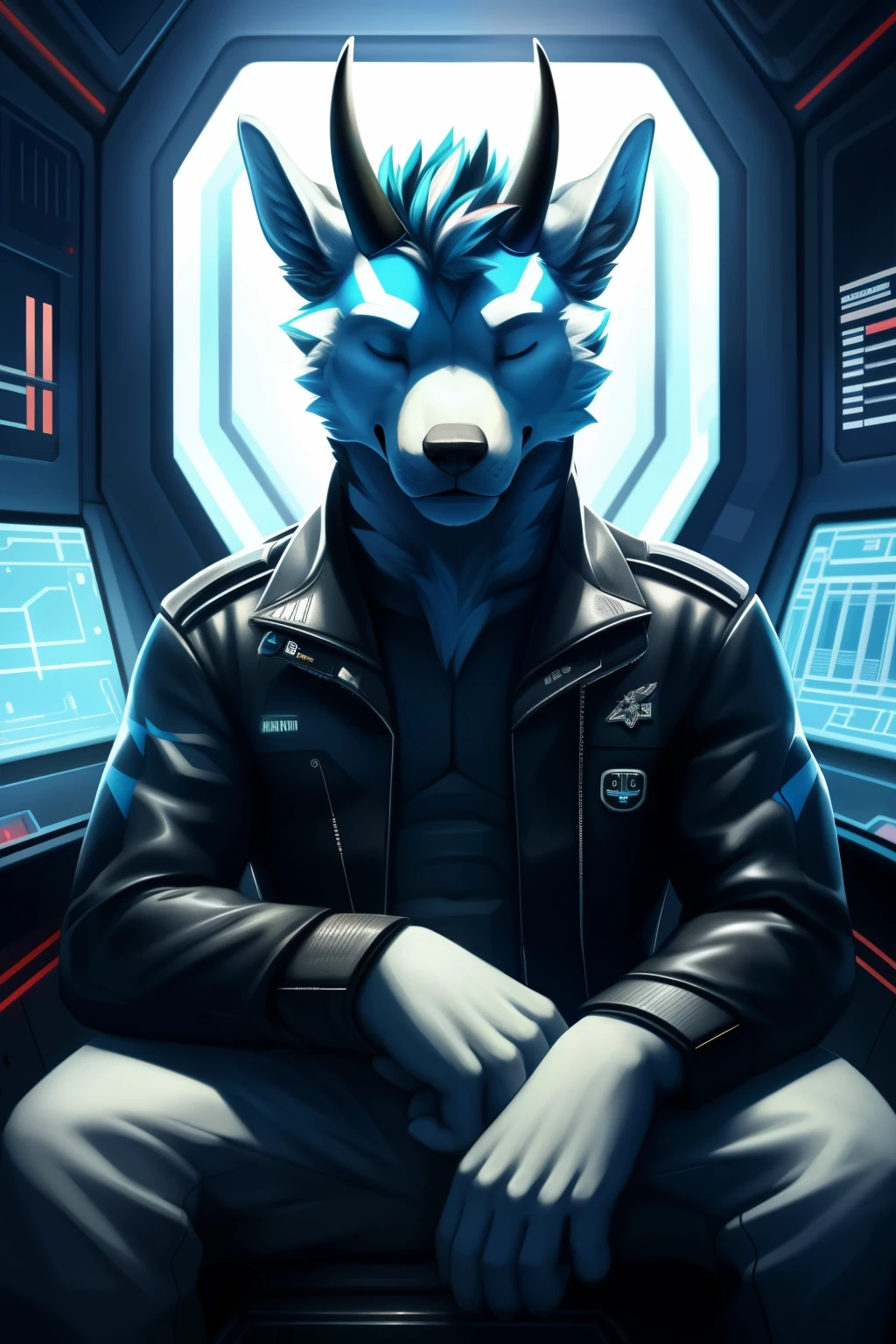 A pilot dog with horns, solo, sits introspectively in the cockpit of a futuristic spacecraft. His anthropomorphic features are emphasized by the detailed shading and dramatic lighting, casting intricate shadows on his textured fur. His bright, expressive eyes are closed as he focuses on the vapor trailing behind his vessel, lost in thought. His attire includes a snug-fitting cyberpunk style leather jacket, neon stripes accentuating its sleek design, and matching pants. The dynamic blur of the background stars highlights the sharp contrast against his still form. The intricate details of the dog's horns, crafted with meticulous care, can be seen in