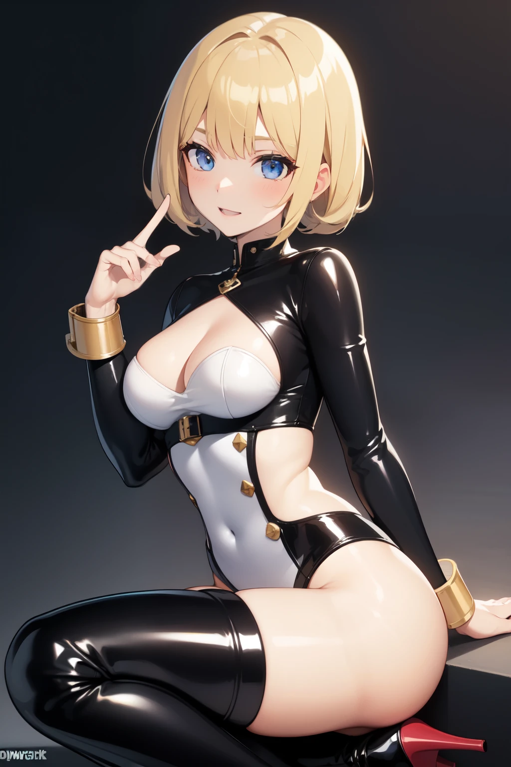 ((best quality)), ((Meisterwerk)), (detailliert), perfektes Gesicht, latex slut, blonde, thigh high boots