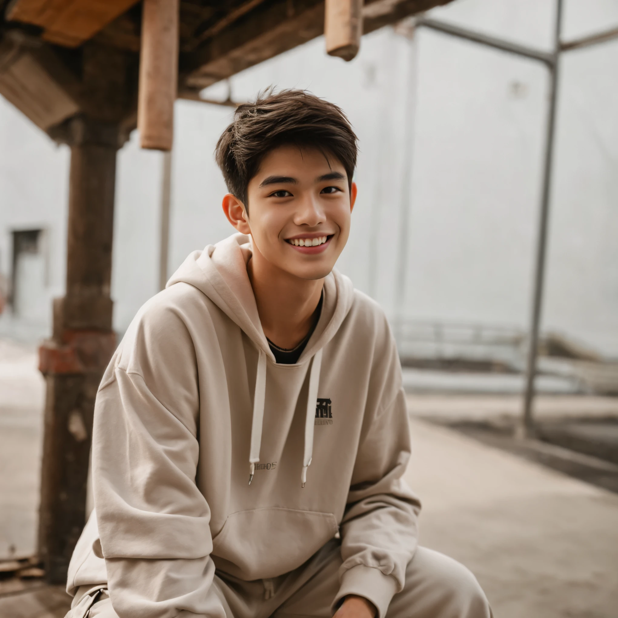 A 21 year indo-thai boy wearing baggy white cargo pant and oversized hoodie,hunter eyes,chestnut brown hair,sharp jawline, wolfcut haircut,ultrarealistic,photoshoot,smiling,head to feet full lenght photo