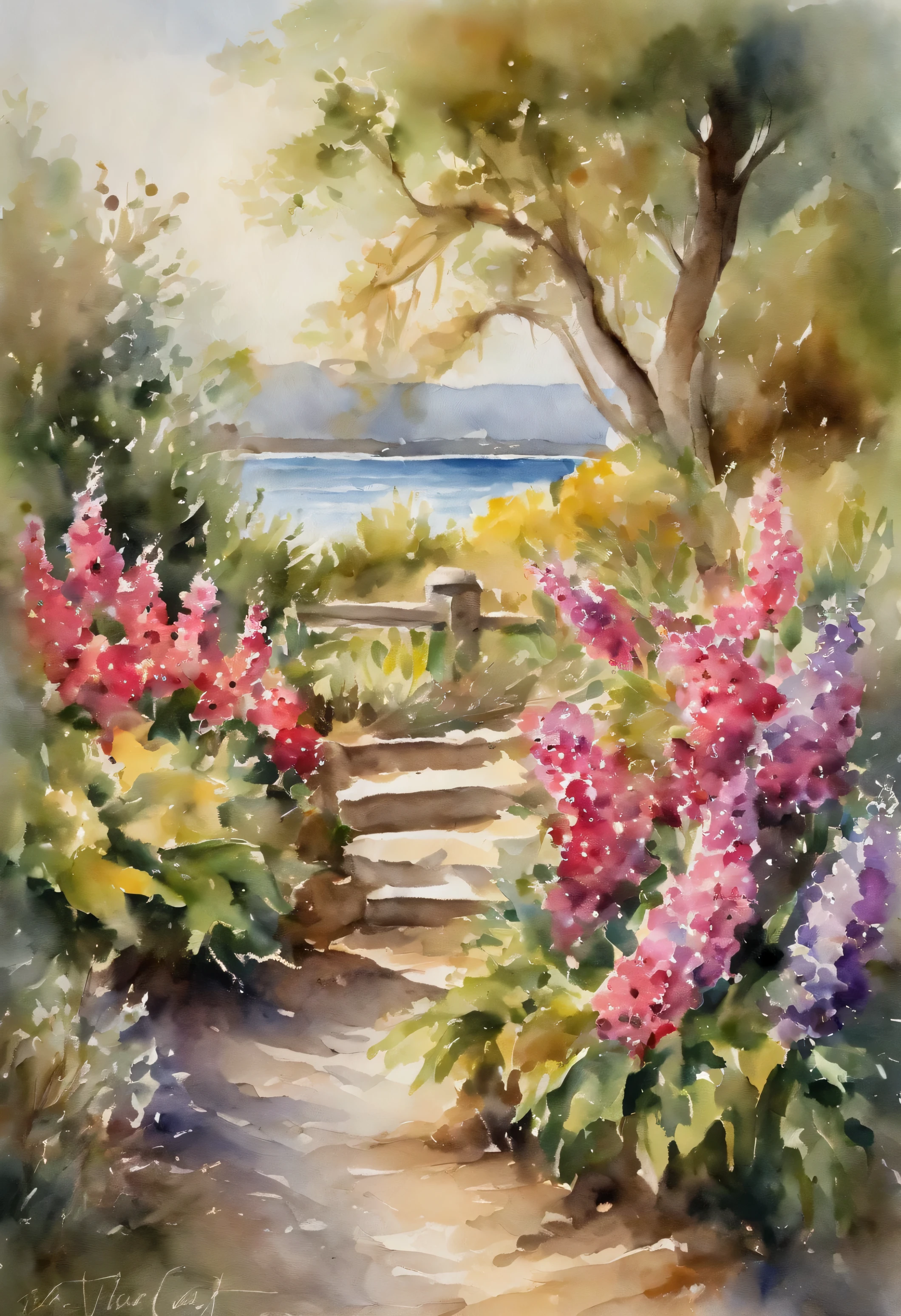 Very detailed picture, sharp details, real, 4K, Raw image, Watercolor painting, The scenery is beautiful, bank, Flowers, the plants, Romantic atmosphere, ocean, Nice waves, vibrant colours, Quiet beauty, Reverse watercolor, a summary, Mary Cassatt, Tender strokes, Soft pastels