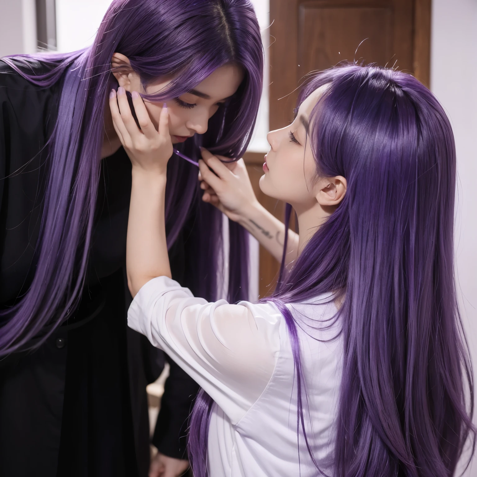 araffes with purple hair is getting her hair done, coloured hair, Purple highlights, There are purple stripes on the hair, violet colors的头发, UV highlight, flowing purple hair, purple hair, long violet colors的头发, lavender-colored hair, long purple hair, violet colors长发, Two colors of hair, 淡purple hair, light iridescent hair color, violet colors, coloured hair, long purple hair