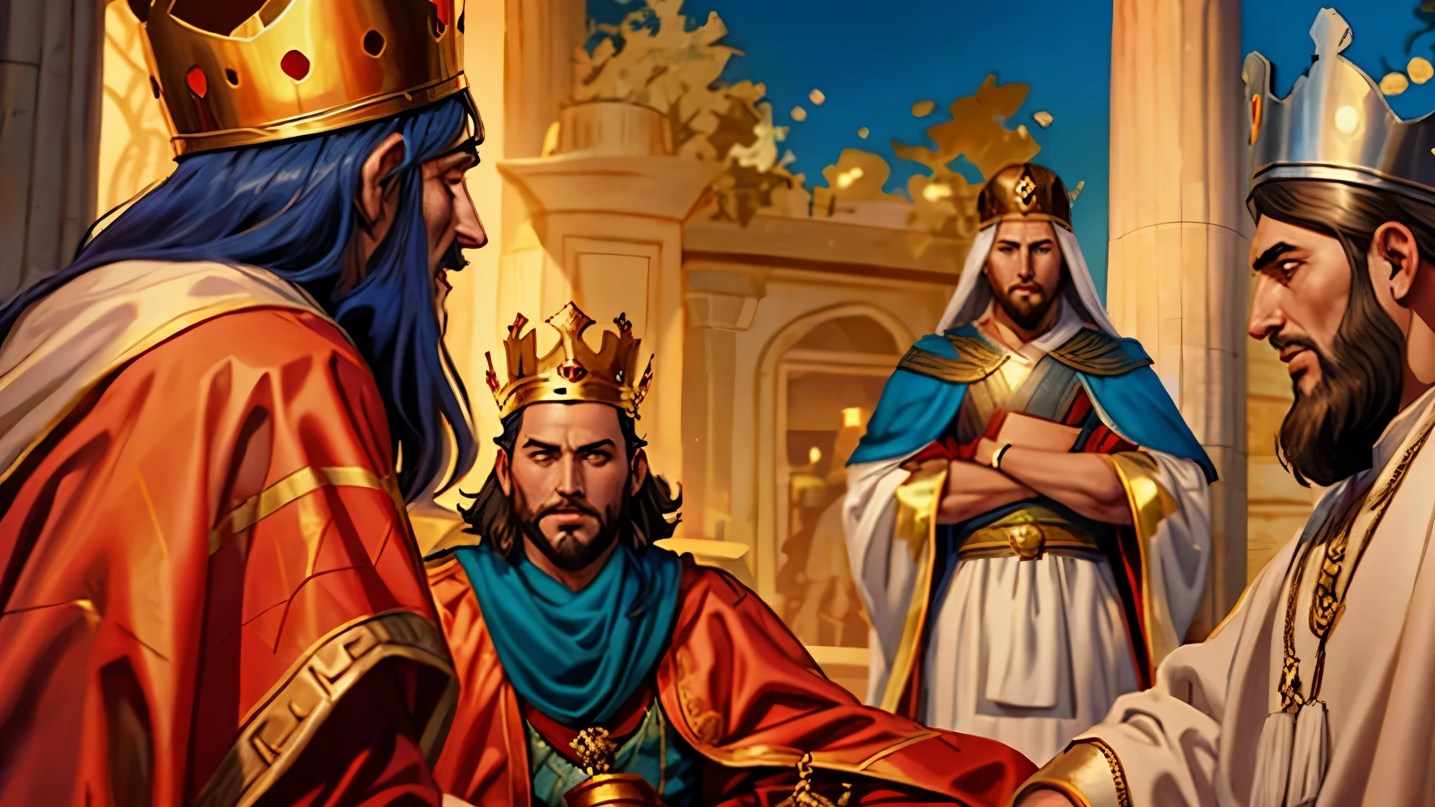 desenho animado estilo anime of three men in crowns sitting at a table, celebrating a king being crowned, granting him a noble title, bible illustration, crusader kings 3, ancient kings in white robes, royal family during an argument, king of kings, by karlkka, the king of thieves, many crowns!! upon his head, way of kings, age of empires, biblical costumes, biblical style, Babylonian style, estilo antigo, epic style, melhor qualidade, high resolution, arte digital, detalhes do rosto, marvel style comic book, estilo dc
