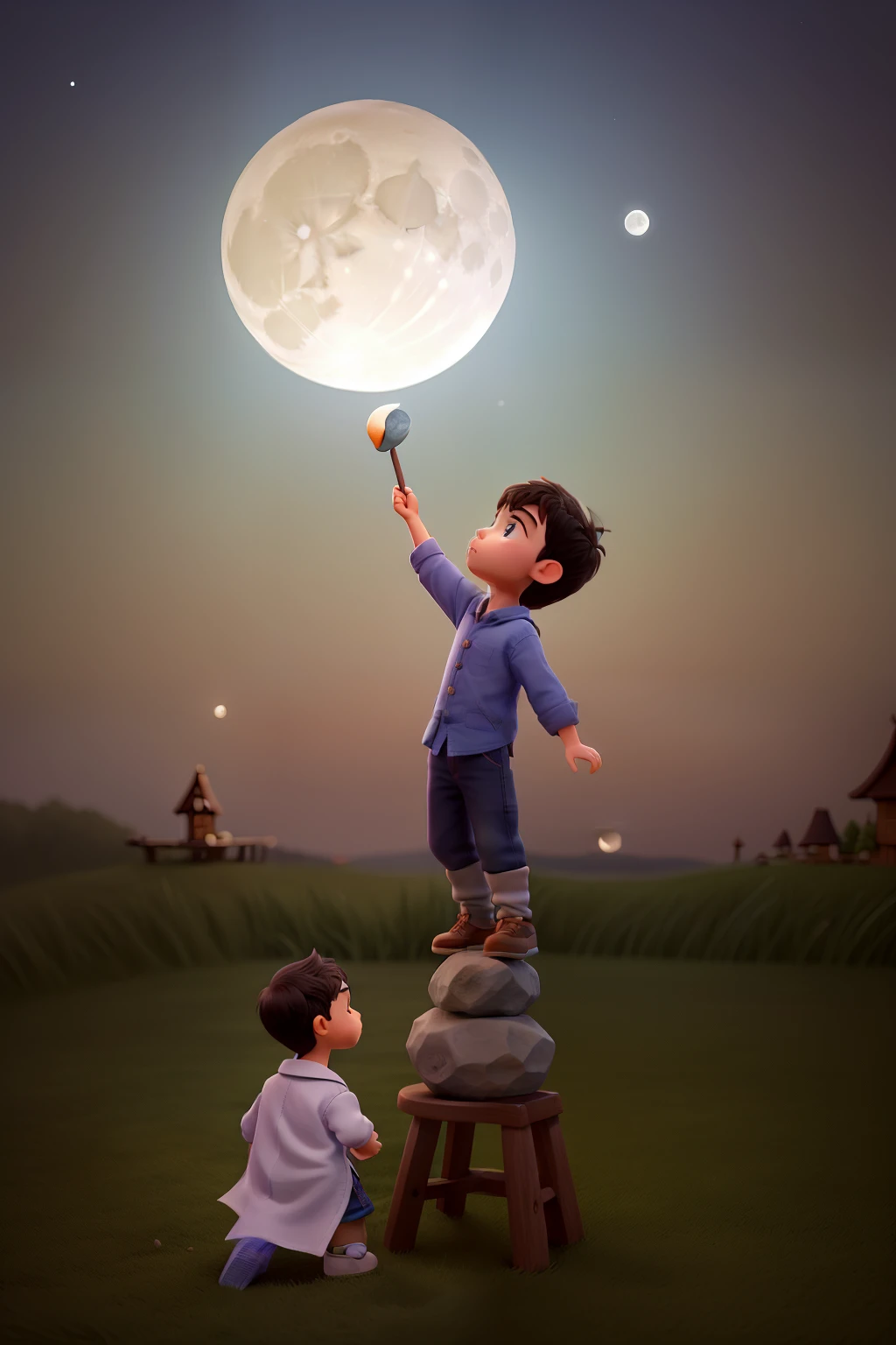 there is a small boy standing on a stool holding a large moon, looking at the moon, holding the moon upon a stick, looking at the full moon, moon behind him, in front of a big moon, moon ligth, in front of the moon, powerful photo, in front of a full moon, moon lighting, an amazing photo, to the moon