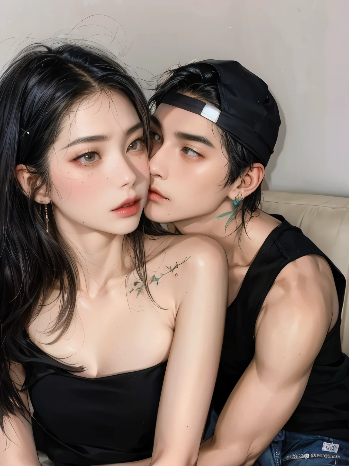 there are two people kissing on the couch, pose de pareja, cai xukun, Kissing us together beautifully, TaeJune Kim, pareja adorable, ulzzang, son pixivs y junji, de chica taiwanesa con tatuajes, Jordan Grimmer y Natasha Tan, yanjun chengt, 1 7-year-old boy with a thin face