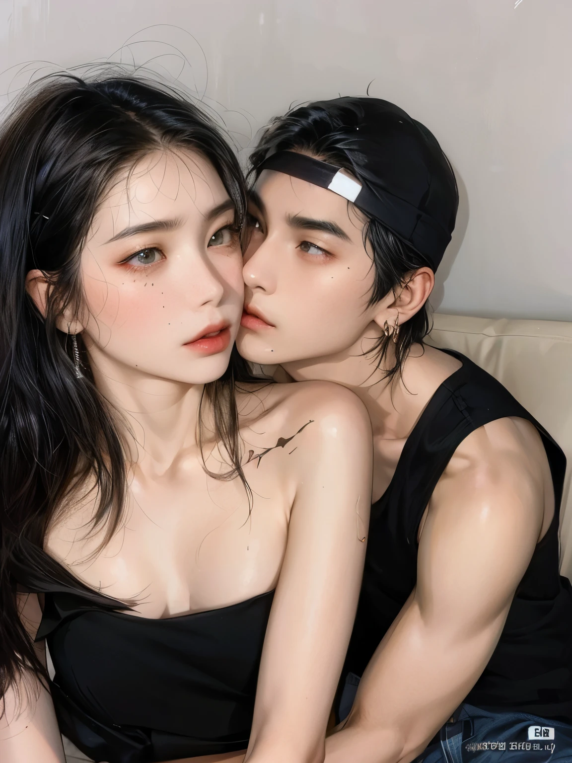 there are two people kissing on the couch, pose de pareja, cai xukun, Kissing us together beautifully, TaeJune Kim, pareja adorable, ulzzang, son pixivs y junji, de chica taiwanesa con tatuajes, Jordan Grimmer y Natasha Tan, yanjun chengt, 1 7-year-old boy with a thin face