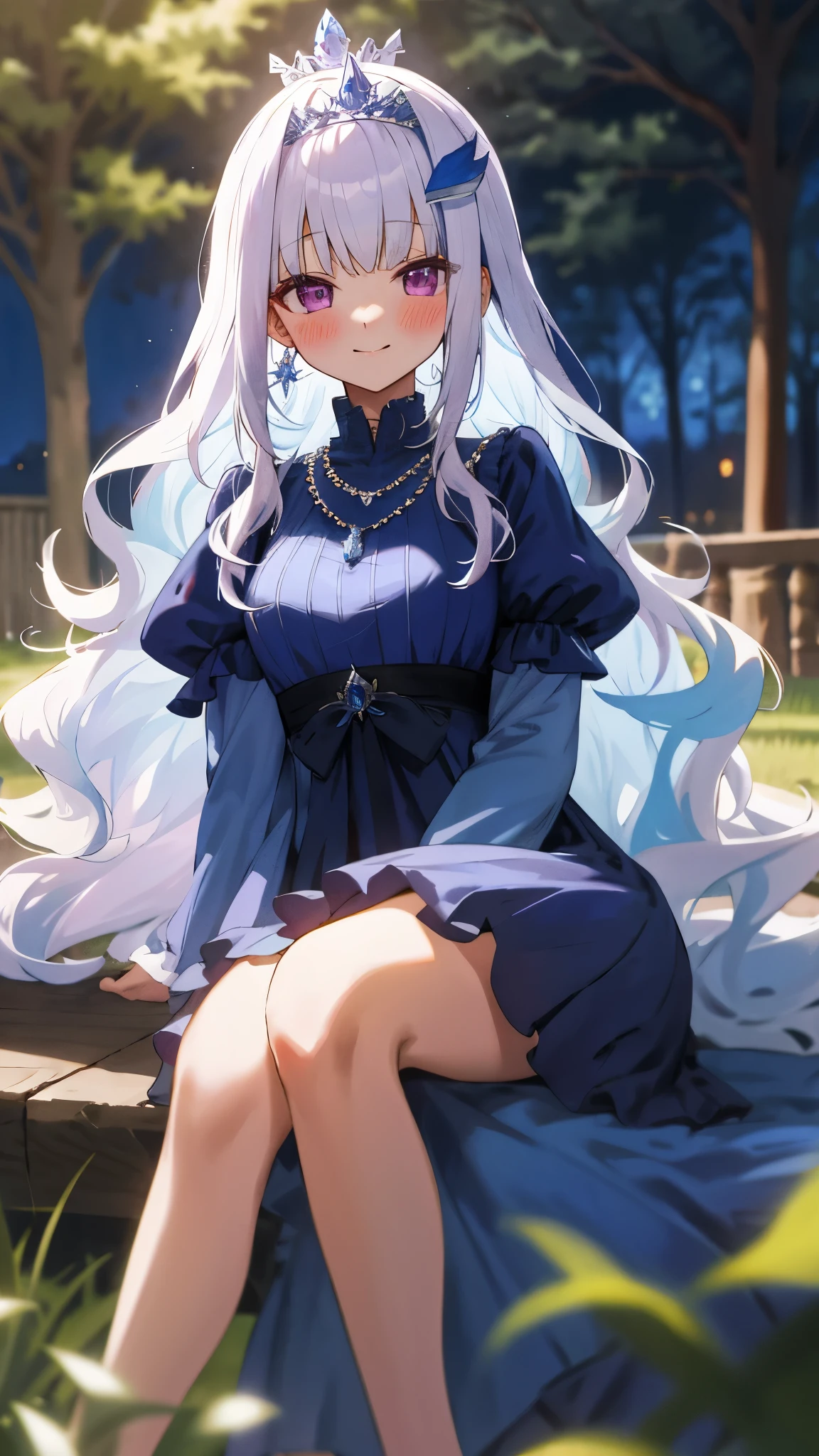 One girl with long wavy hair, bangs, white hair, blue inner hair:1.25) , purple eyes, looking at viewer, blushing, little smile, outdoor, tree, sitting, blue dress, tiara, puffy sleeves, tiara, earrings, necklace, bare legs, mid-chest, night atmosphere, hair ornament, medium breasts, focus, blurry background, 