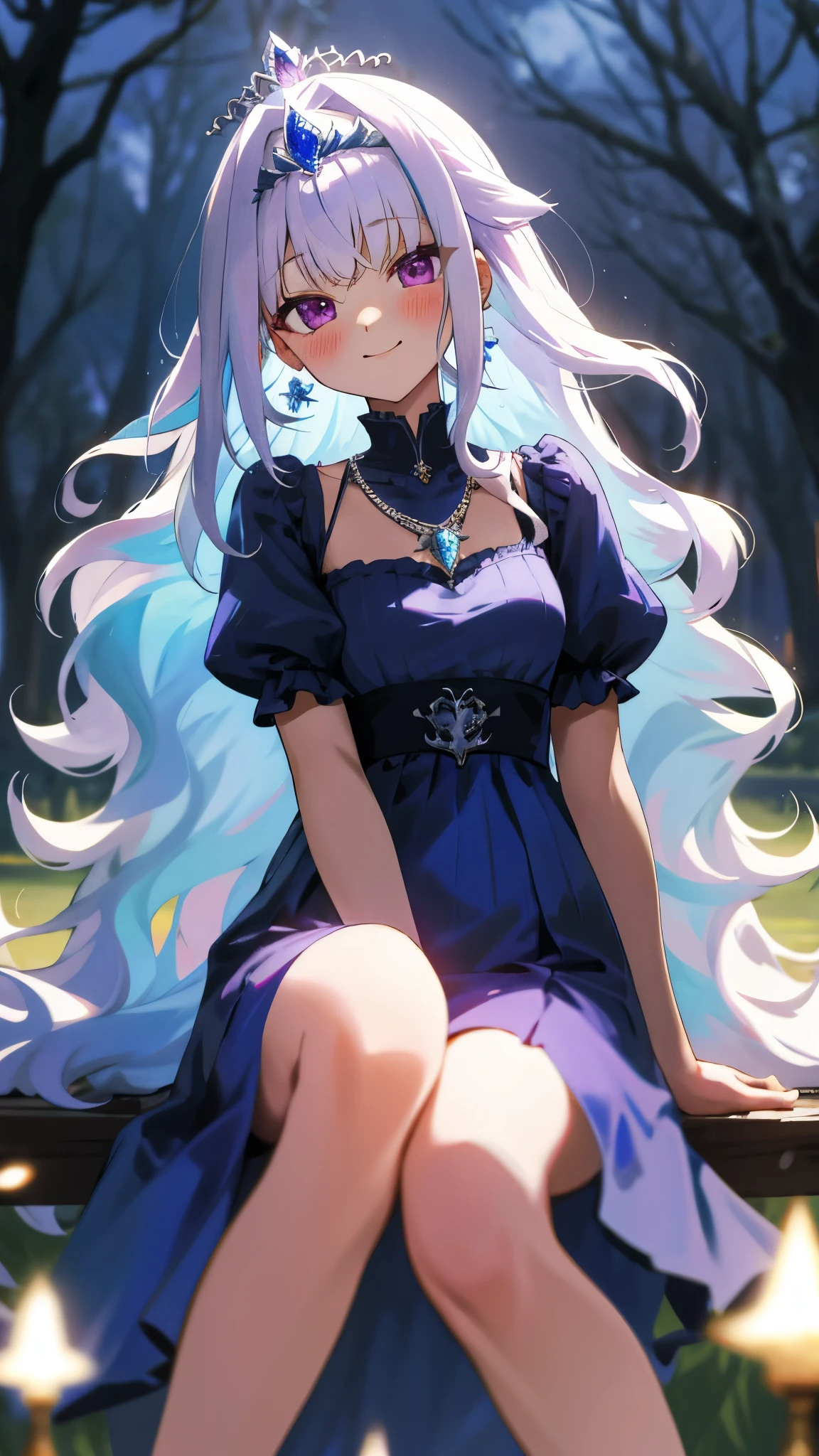 One girl with long wavy hair, bangs, white hair, blue inner hair:1.25) , purple eyes, looking at viewer, blushing, little smile, outdoor, tree, sitting, blue dress, tiara, puffy sleeves, tiara, earrings, necklace, bare legs, mid-chest, night atmosphere, hair ornament, medium breasts, focus, blurry background, 