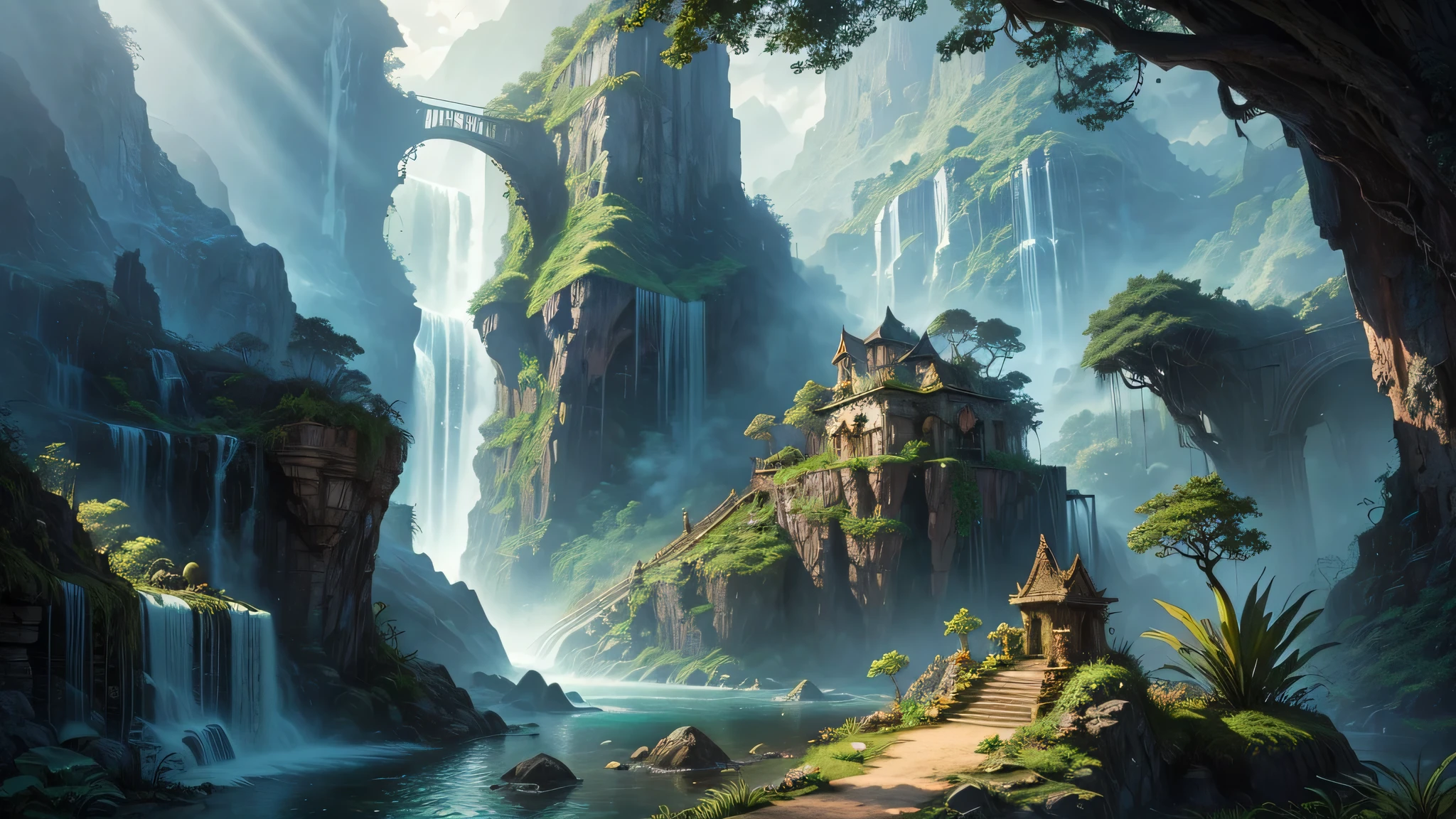 There is a waterfall in the middle of the tropical jungle, Beautiful and detailed fantasy, highly detailed fantasy, fantasy landscape, Fantasia Digital Art, Fantasy 2D Digital Art, detailed Fantasy 2D Digital Art, impressive fantasy landscape, fantasy style, fantasy style art, medieval fantasy landscape, fantasy landscape, Realistic fantasy illustration, 4k fantasy art, Fantasy City