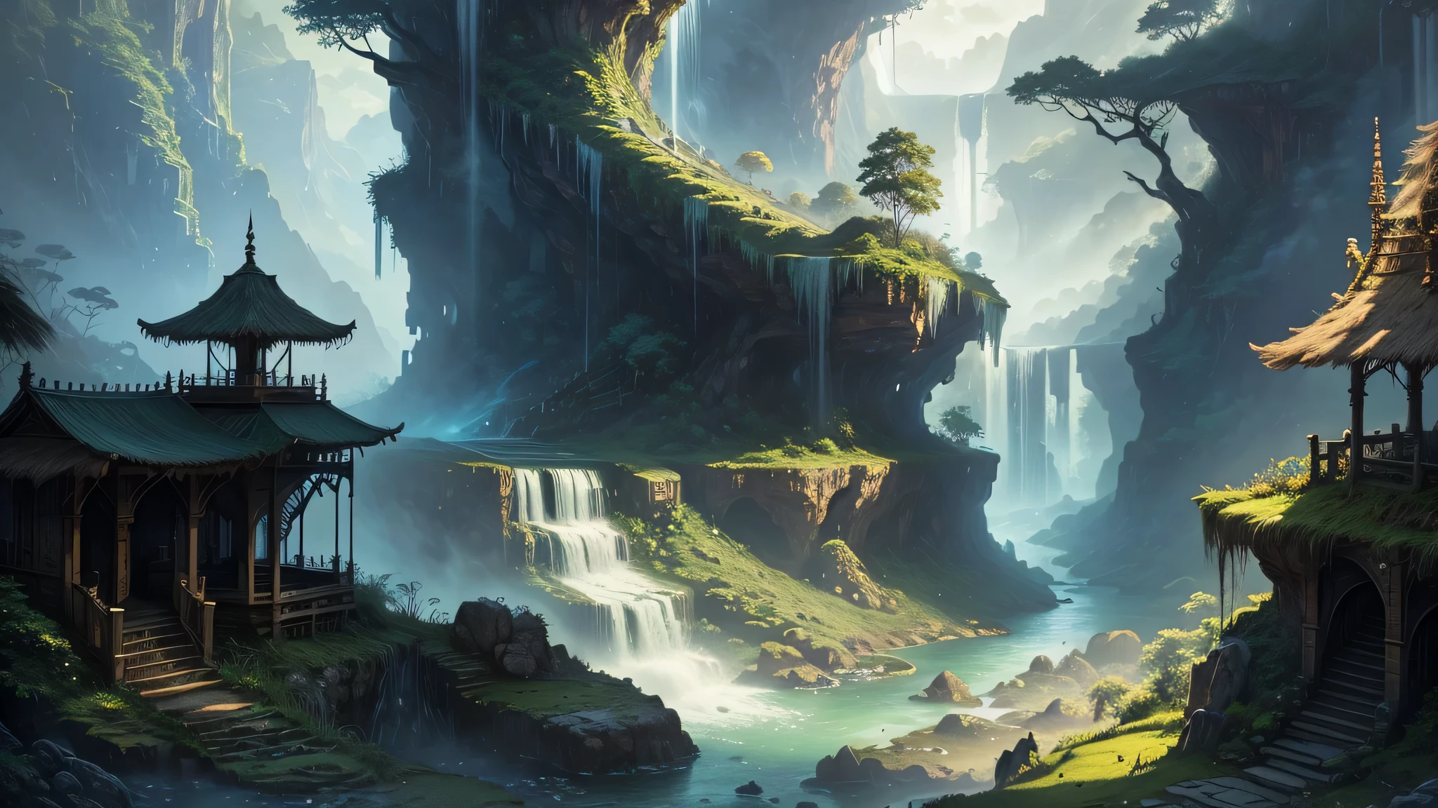 There is a waterfall in the middle of the tropical jungle, Beautiful and detailed fantasy, highly detailed fantasy, fantasy landscape, Fantasia Digital Art, Fantasy 2D Digital Art, detailed Fantasy 2D Digital Art, impressive fantasy landscape, fantasy style, fantasy style art, medieval fantasy landscape, fantasy landscape, Realistic fantasy illustration, 4k fantasy art, Fantasy City