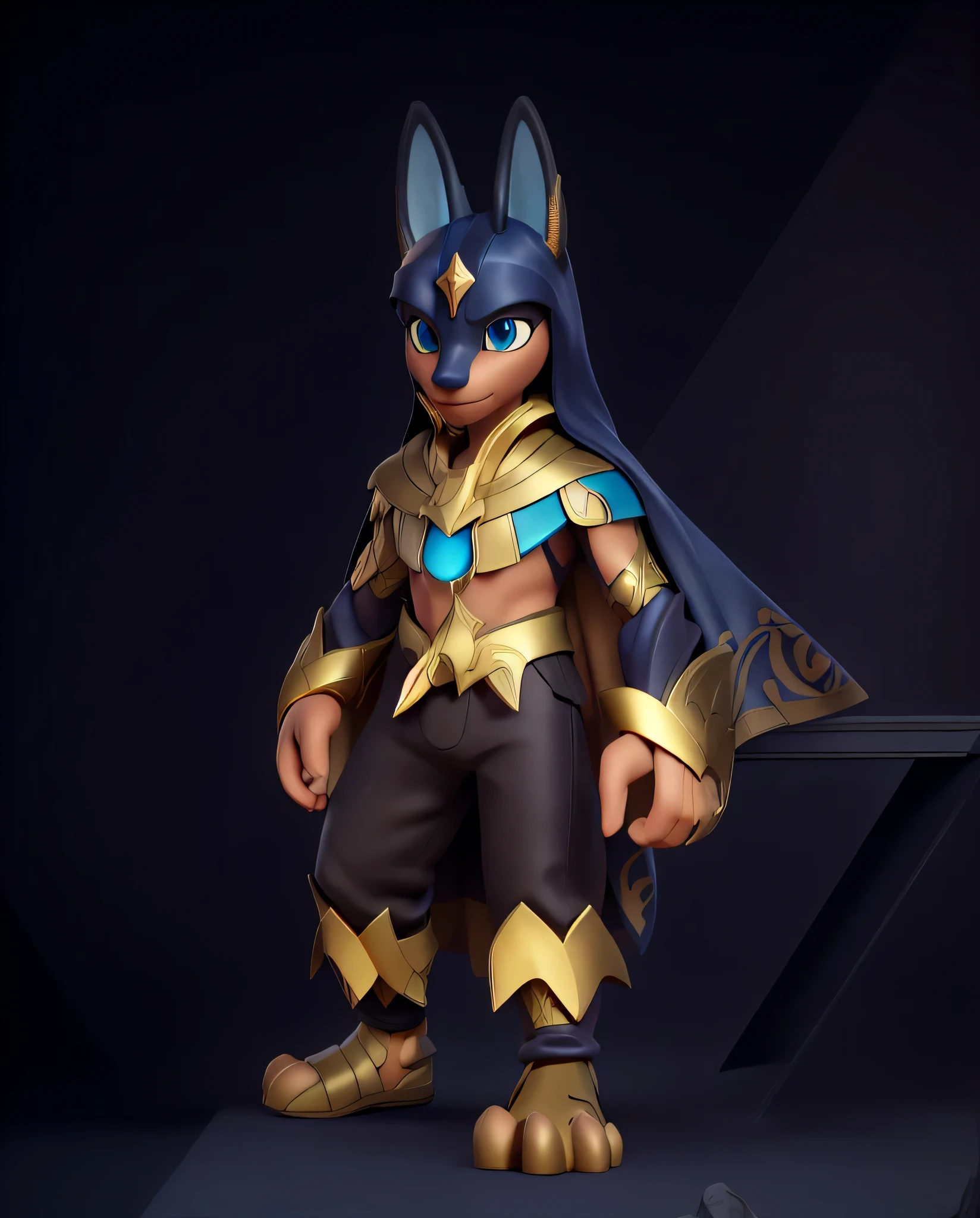 (high resolution), ((intricate details)), (Masterpiece), (((HD))), HDR, a close up of a 3D character in a costume, muscular Anubis , portrait of Anubis , CHACAL BLUE EYES, ((dark satin cape)) , black and gold shiny armor, round blue gem at chest plate, varguyart style, faired skin, brown skin, shiny egyptian armor, metallic bronze skin, tane skin, anubis, ((COTON PANTS with golden details)), focused, defined