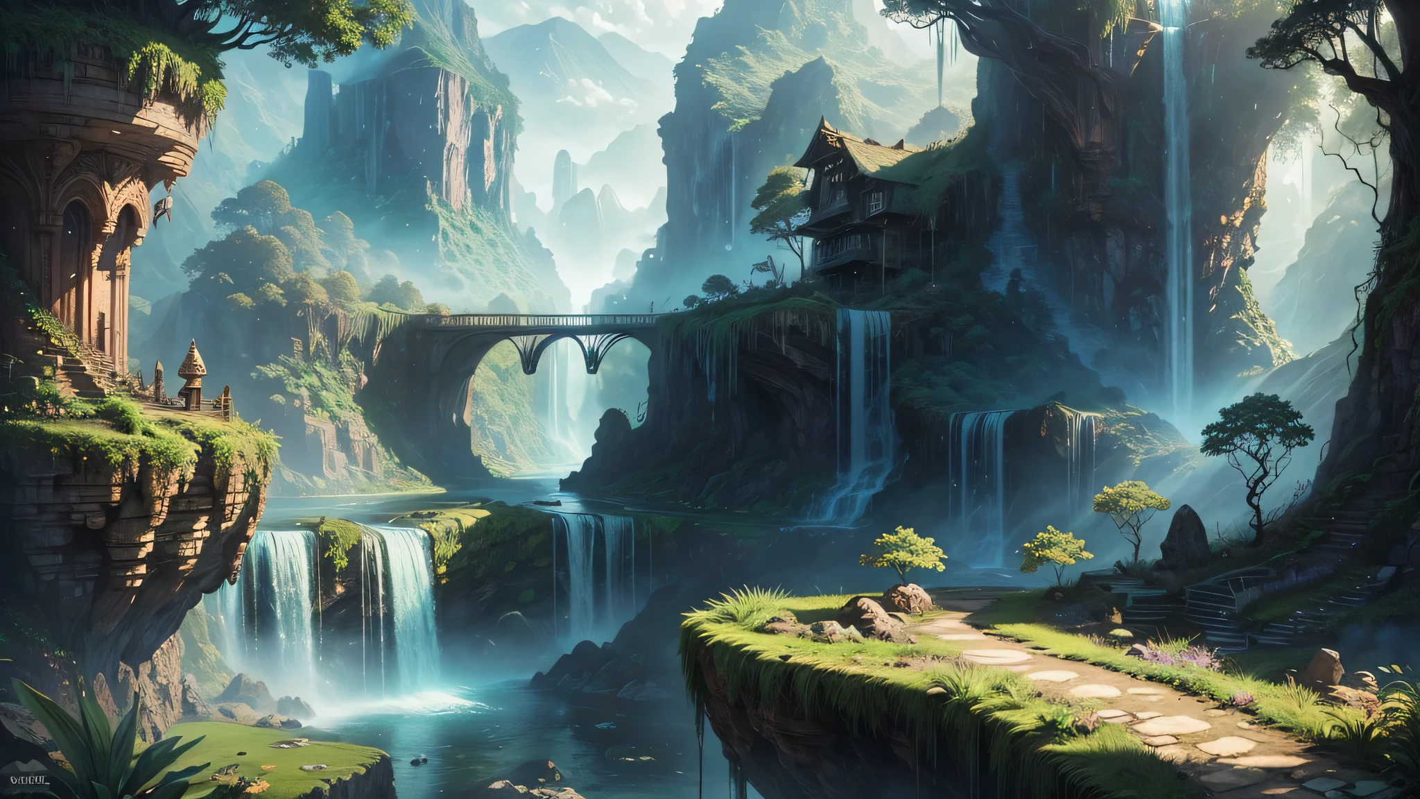 There is a waterfall in the middle of the tropical jungle, Beautiful and detailed fantasy, highly detailed fantasy, fantasy landscape, Fantasia Digital Art, Fantasy 2D Digital Art, detailed Fantasy 2D Digital Art, impressive fantasy landscape, fantasy style, fantasy style art, medieval fantasy landscape, fantasy landscape, Realistic fantasy illustration, 4k fantasy art, Fantasy City