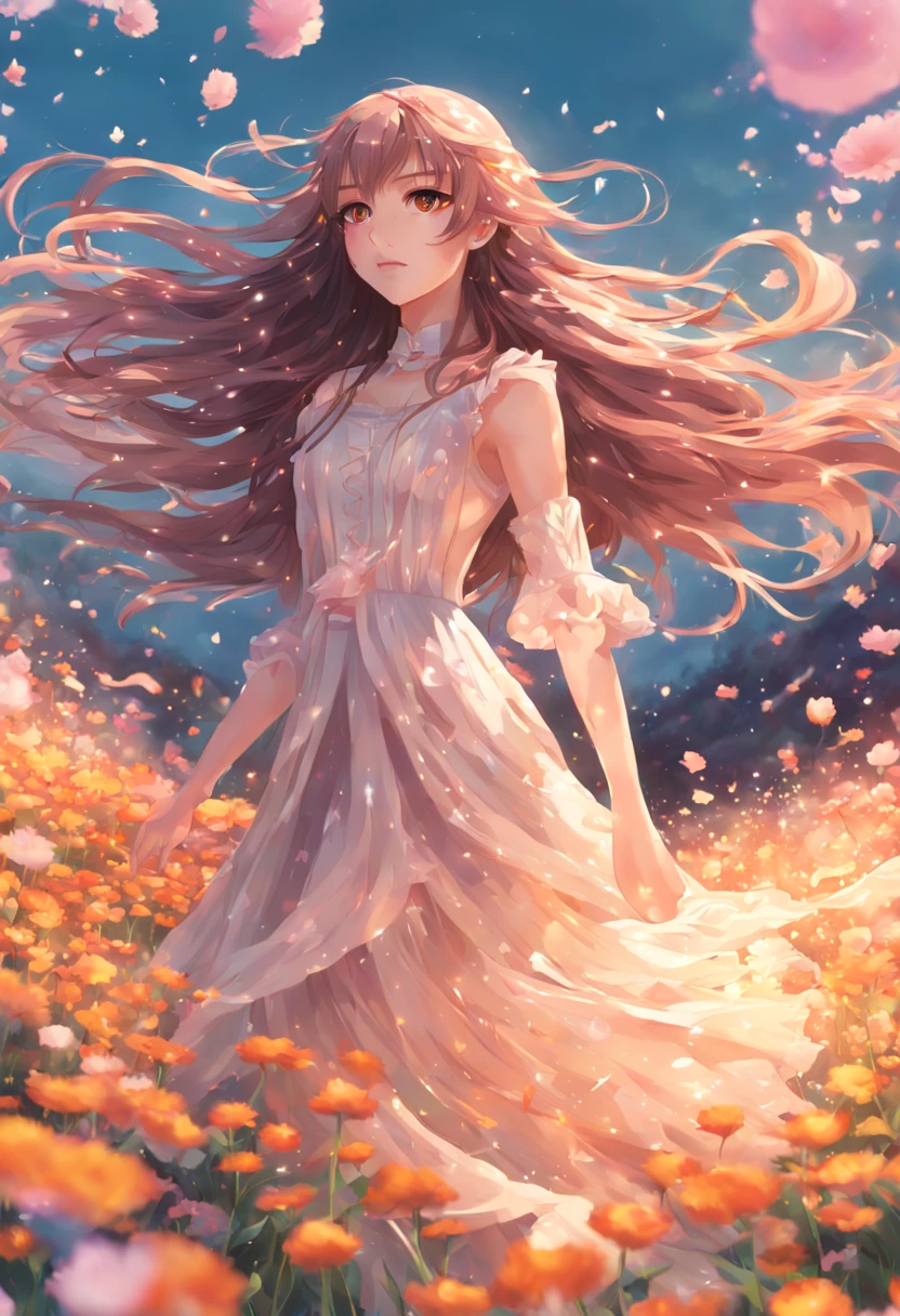 1girl, Digital illustration, Magical Girl in a Surreal Landscape, vibrant anime and fantasy art styles inspired by CLAMP and P.A. Works, the magical girl (hovers above a field of flowers, her flowing dress and long hair illuminated by a soft glow as sparkling petals swirl around her), shot on a high resolution digital camera with a 35mm lens from a three-quarter front view, rendered in crisp detail with atmospheric lighting effects.