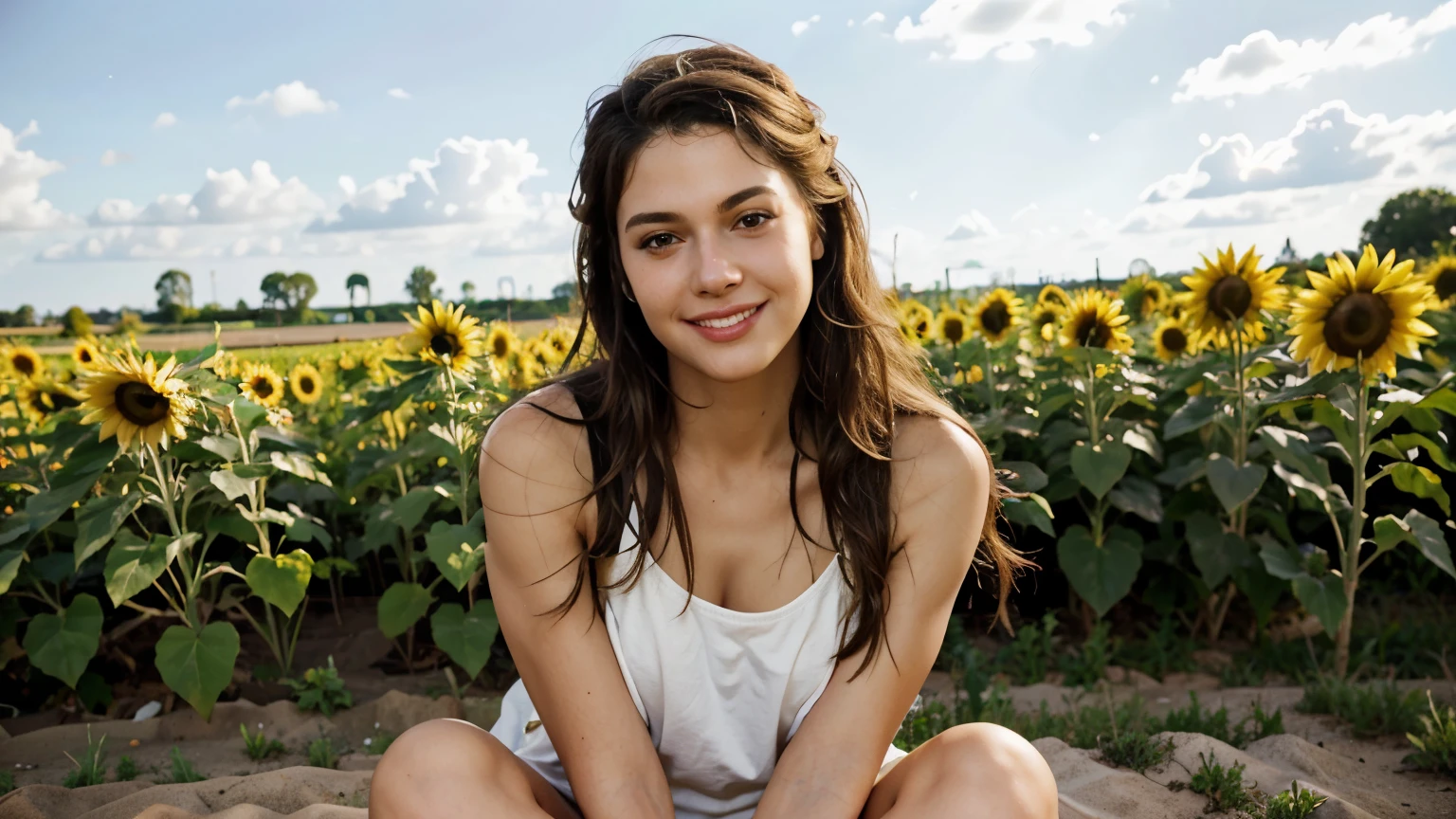 (masterpiece, best quality) 1girl, KassandraAssaOdy, solo, long hair, brown hair, brown eyes, sitting in a sunflower field, smiling, flower in hair
