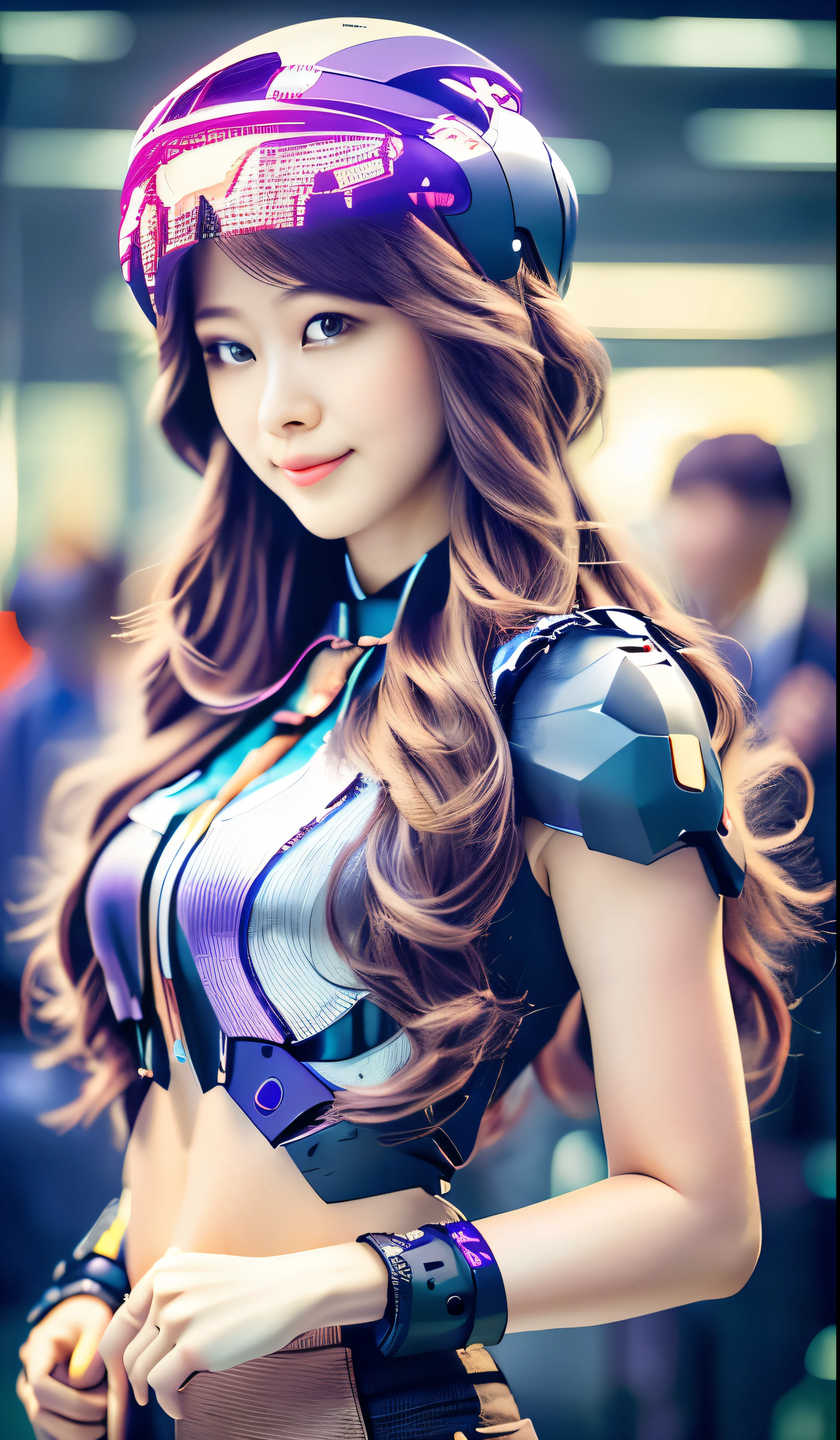 photo fullbody, Highest image quality, outstanding detail, ultra-high resolution, (fidelity: 1.4), best illustration, favor details, highly condensed 1girl very long hair brown very silky, with a delicate and beautiful face, dressed in black and purple mecha, wearing a mecha helmet future, holding a direction controller, riding on a drone , the background is a high-tech lighting scene of the future city.