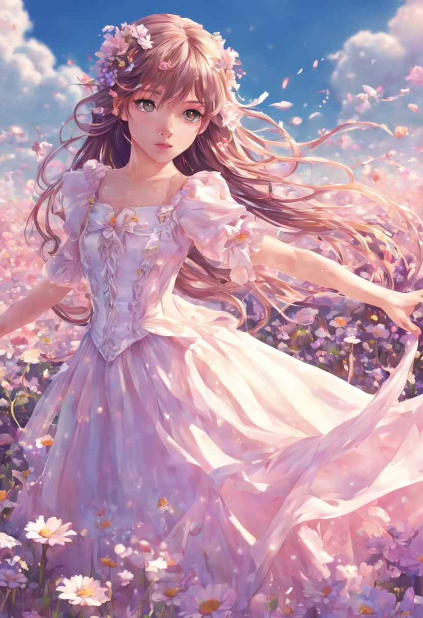 1girl, Digital illustration, Magical Girl in a Surreal Landscape, vibrant anime and fantasy art styles inspired by CLAMP and P.A. Works, the magical girl (hovers above a field of flowers, her flowing dress and long hair illuminated by a soft glow as sparkling petals swirl around her), shot on a high resolution digital camera with a 35mm lens from a three-quarter front view, rendered in crisp detail with atmospheric lighting effects.