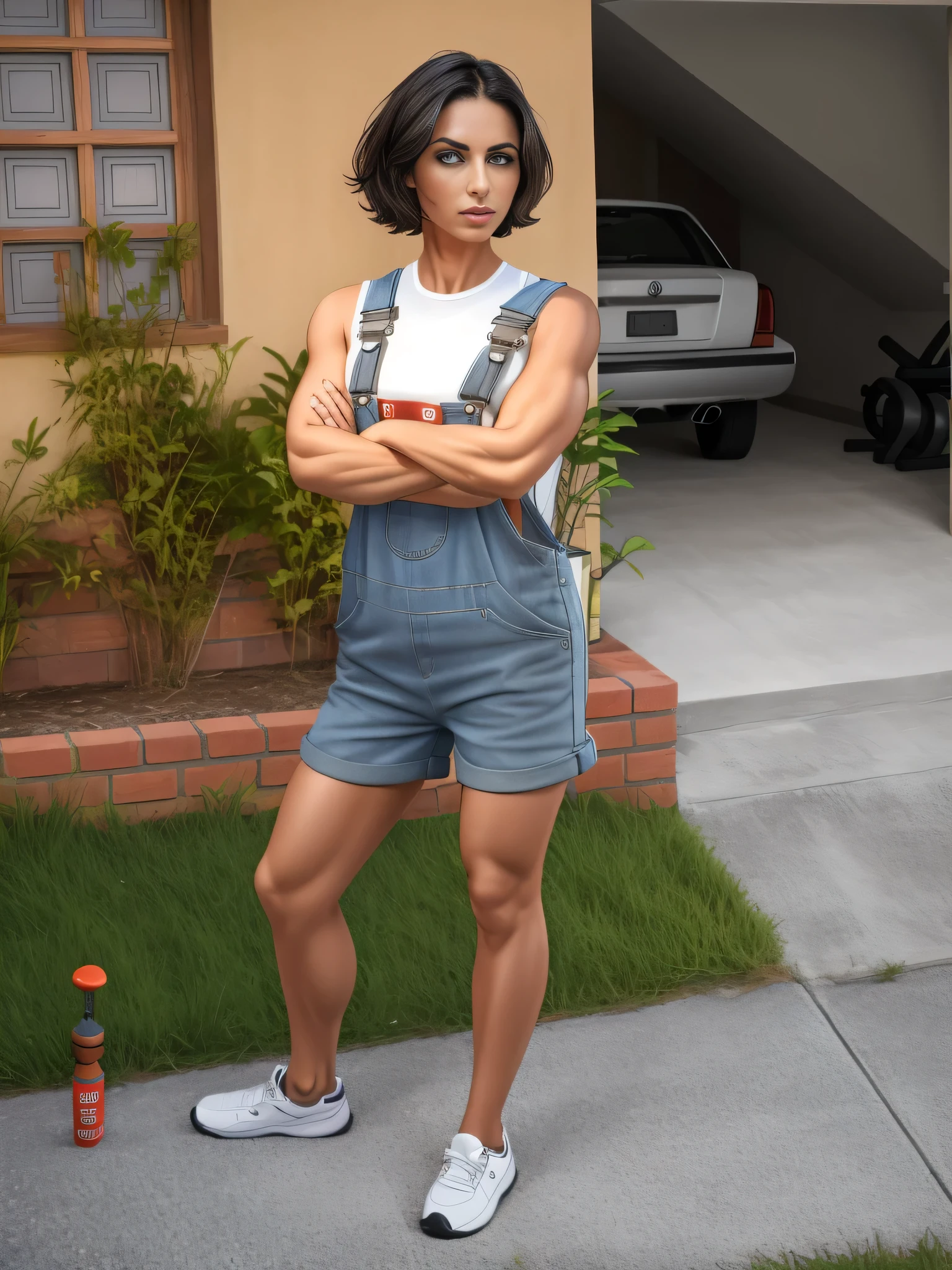 there is a woman standing in front of a house with her arms crossed, mulher wearing overalls curto, wearing overalls, foto de corpo inteiro, garota da academia, high resolution, alta qualidade, obra de arte, 8k. Uma mulher com pele branca bronzeada e cabelos escuros. ela tem cerca de 35 anos. high resolution, alta qualidade, obra de arte, 8k.