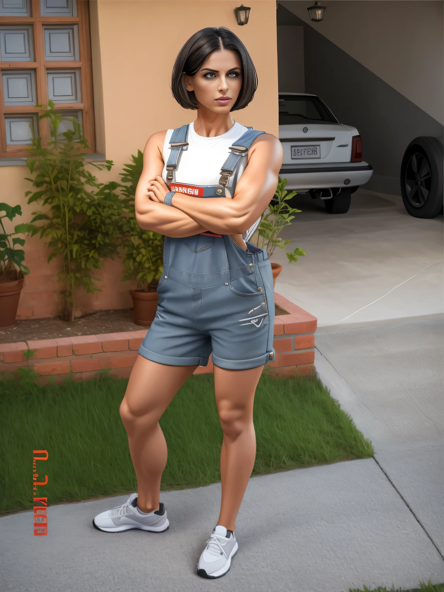 there is a woman standing in front of a house with her arms crossed, mulher wearing overalls curto, wearing overalls, foto de corpo inteiro, garota da academia, high resolution, alta qualidade, obra de arte, 8k. Uma mulher com pele branca bronzeada e cabelos escuros. ela tem cerca de 35 anos. high resolution, alta qualidade, obra de arte, 8k.