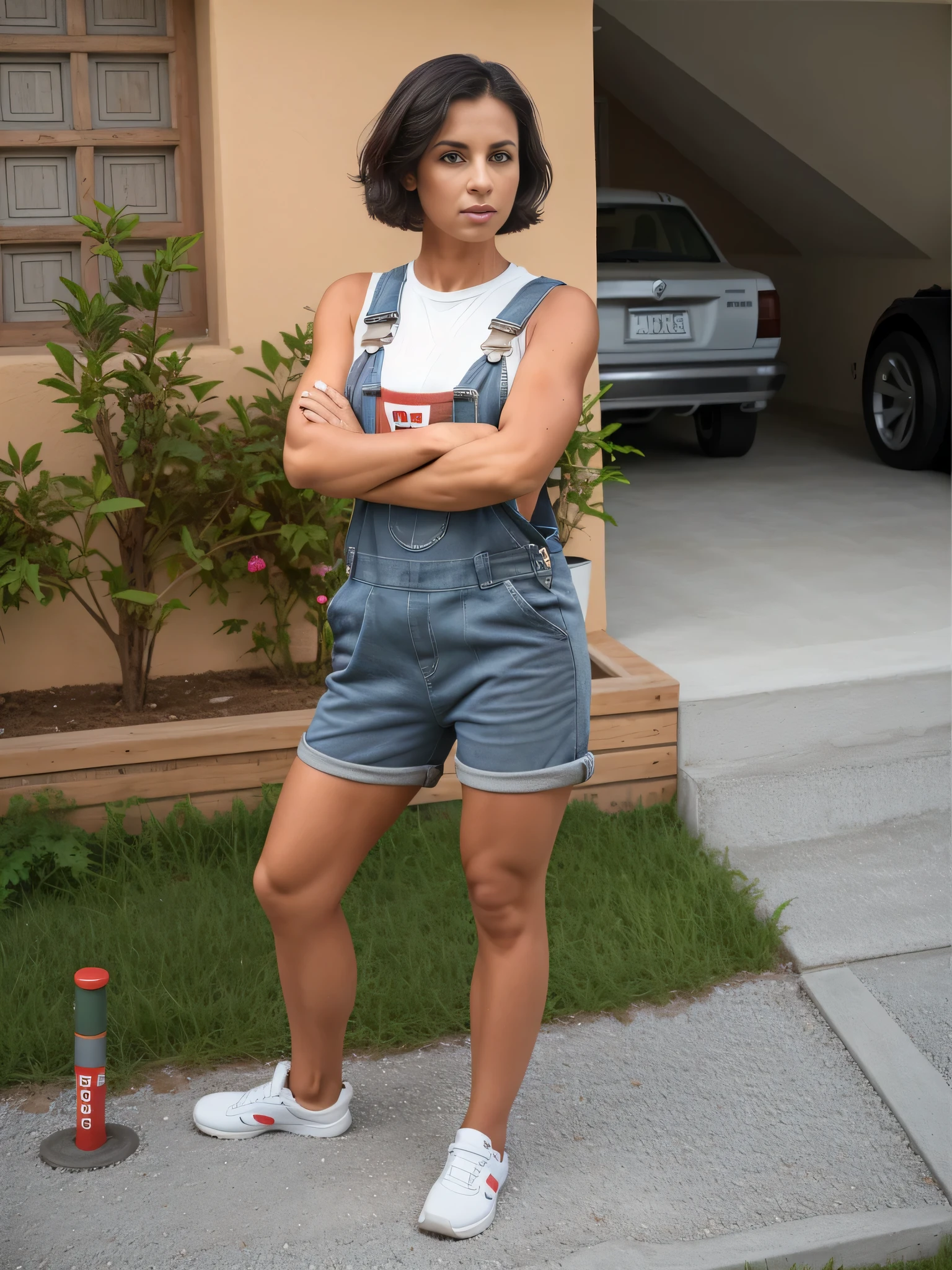 there is a woman standing in front of a house with her arms crossed, mulher wearing overalls curto, wearing overalls, foto de corpo inteiro, garota da academia, high resolution, alta qualidade, obra de arte, 8k. Uma mulher com pele branca bronzeada e cabelos escuros. ela tem cerca de 35 anos. high resolution, alta qualidade, obra de arte, 8k.