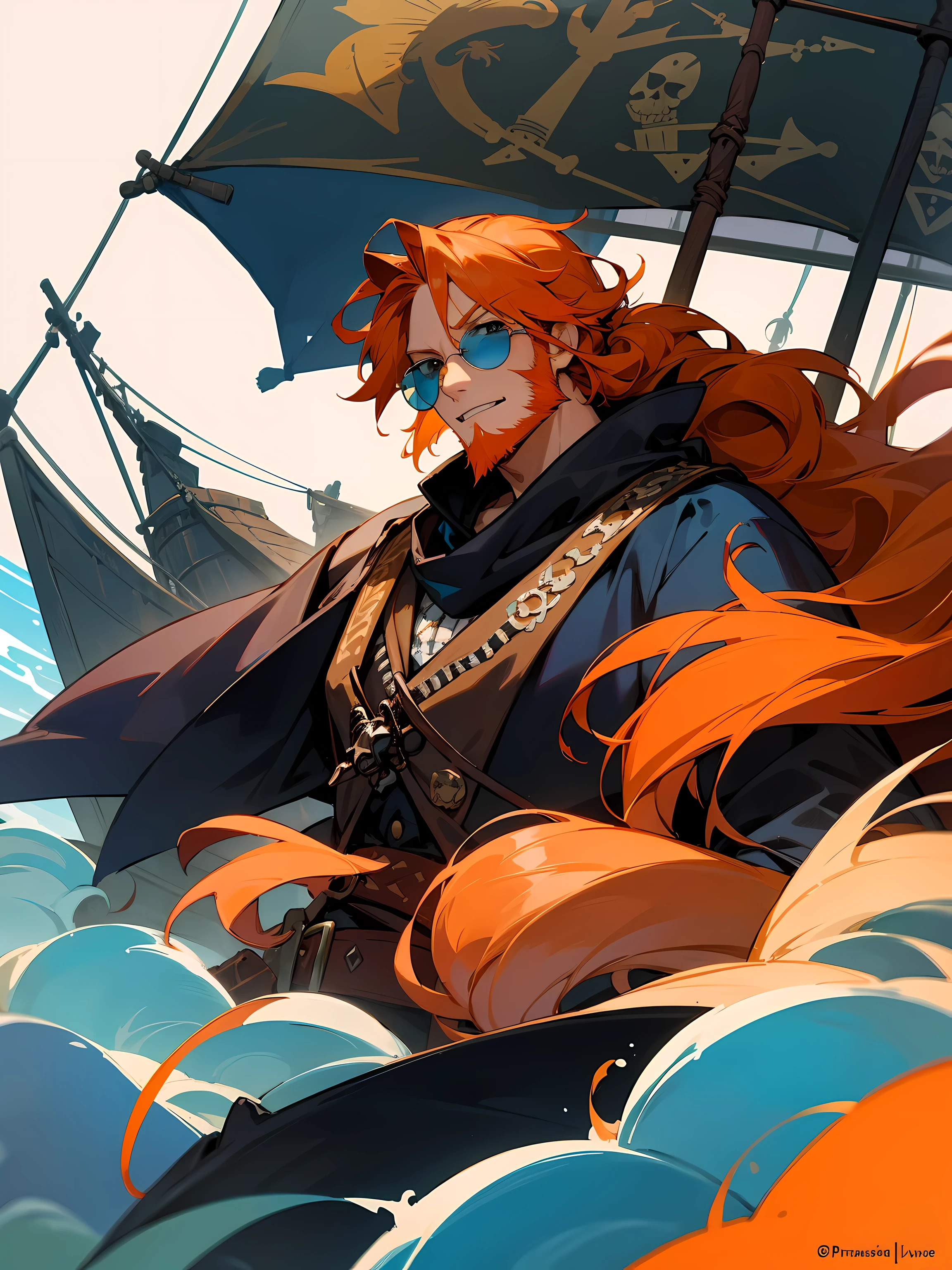1male, adult, orange hair, wavy hair, pony tail, beard, sunglasses, pirate outfit, azure poncho, azure cowl, pirate ship, masterpiece quality