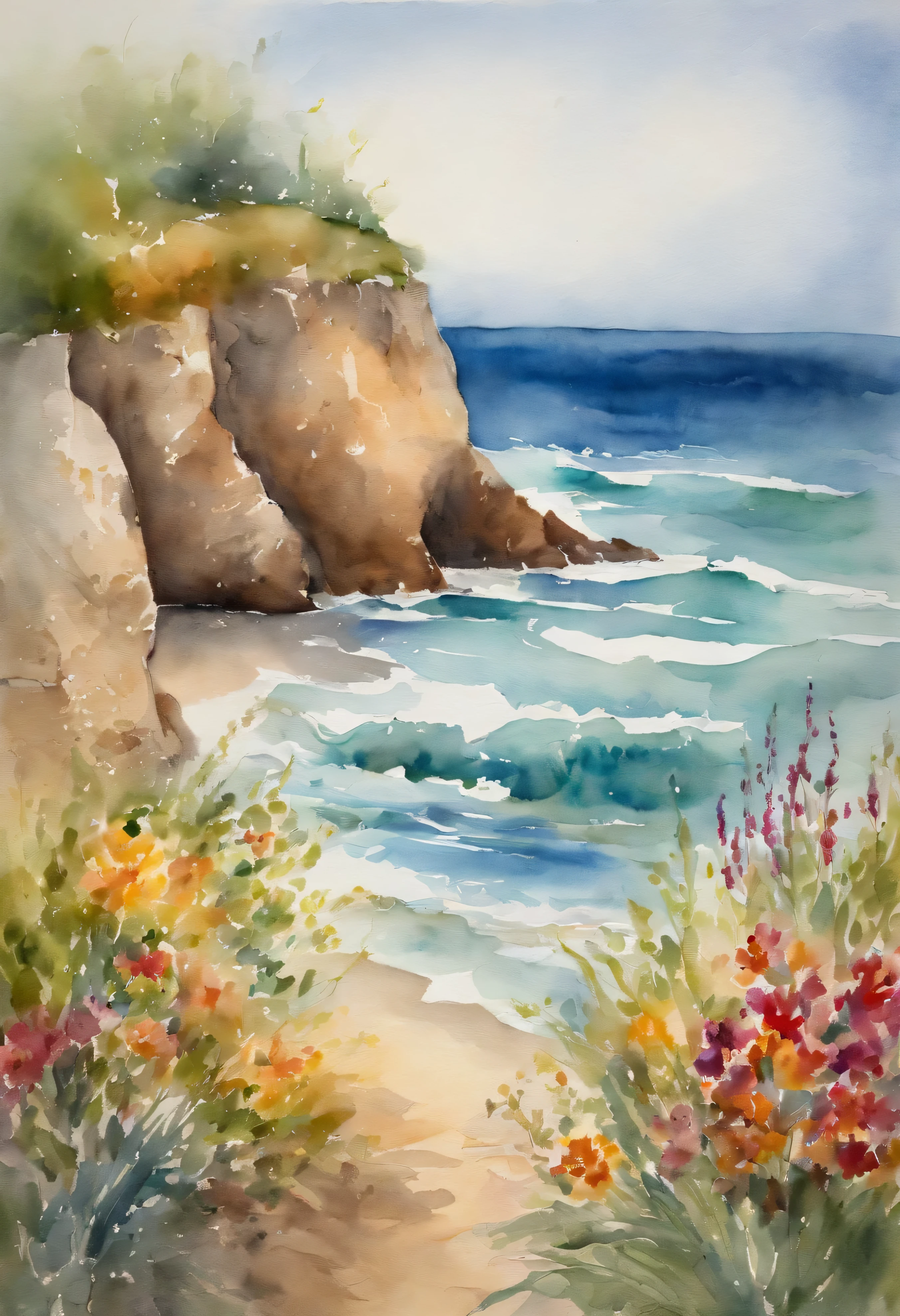 Very detailed picture, sharp details, real, 4K, Raw image, Watercolor painting, Seaside scene, Flowers, the plants, romantic atmosphere, Ocean Waves, vibrant colours, Quiet beauty, Reverse abstract watercolor, Mary Cassatt style, Tender strokes, Soft pastels, serene atmosphere