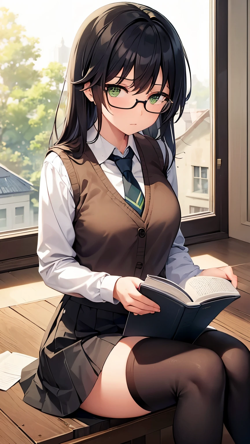 1girl, solo, black hair, green eyes, glasses, school vest with sleeves, necktie, long skirt, thigh highs, reading a book, looking up at viewer, sitting on top of window sill, knees raised, library setting, calm atmosphere, sunny day, wallpaper