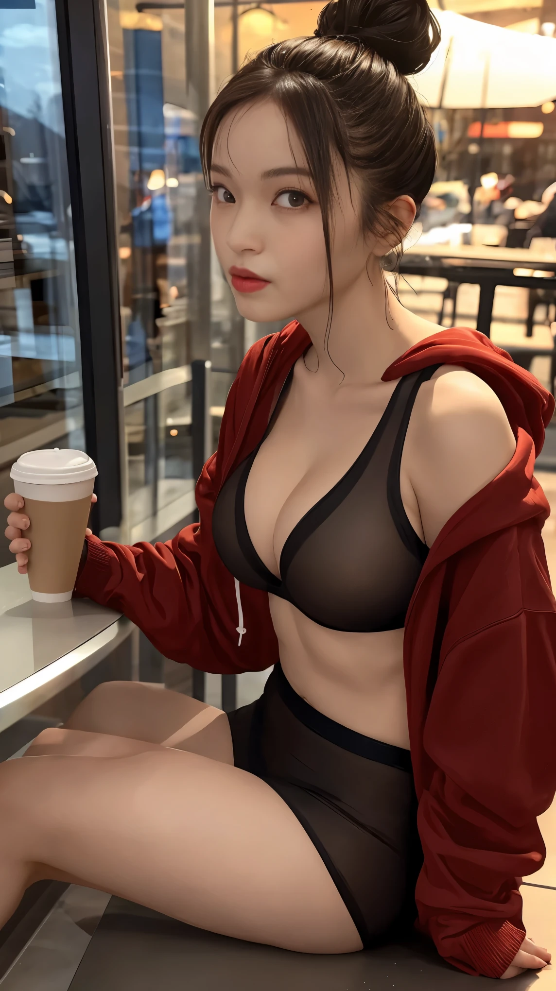 1 girl, dark hair, updo hairstyle, streaks of hair in face, red eyes, mascara, oversized sexy hoodie, midriff, sexy skimpy small size see-through string microkini outfit, bags under eyes, sitting, coffee shop, ground angle shot, viewer looking up, big saggy tits, chocker, raw photography, 8k, masterwork,
