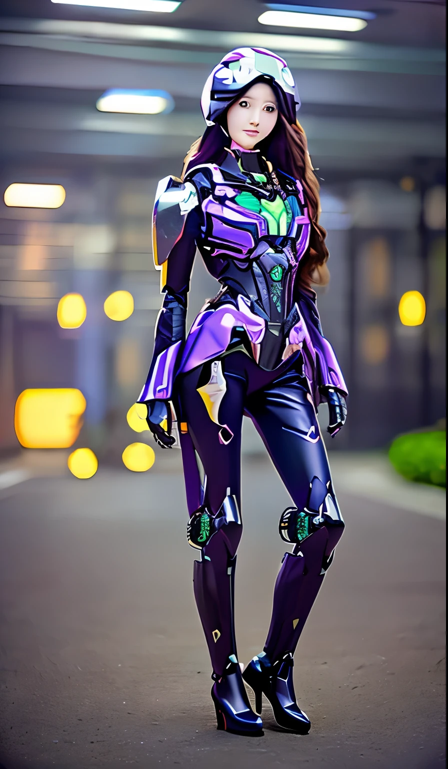 photo fullbody, sit down, Highest image quality, outstanding detail, ultra-high resolution, (fidelity: 1.4), best illustration, favor details, highly condensed 1girl very long hair brown very silky, with a delicate and beautiful face, dressed in black and purple mecha, wearing a mecha helmet future, holding a direction controller, riding on a drone , the background is a high-tech lighting scene of the future city.